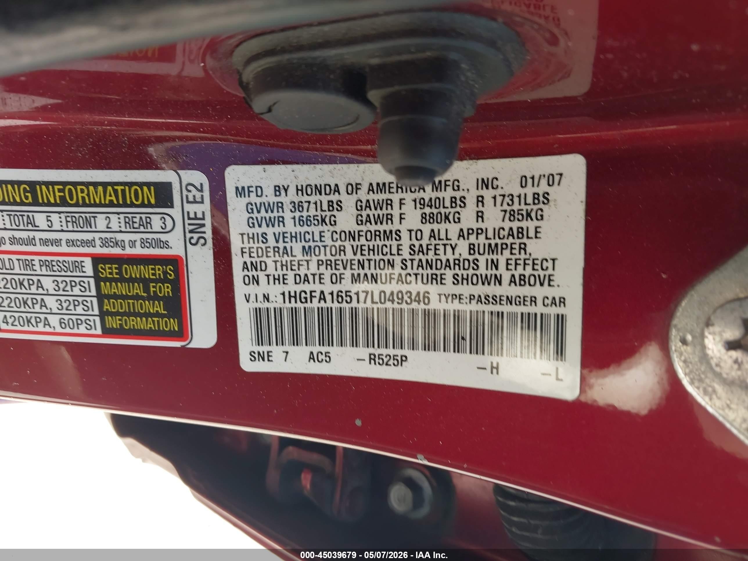 2007 Honda Civic Lx Burgundy vin: 1HGFA16517L049346