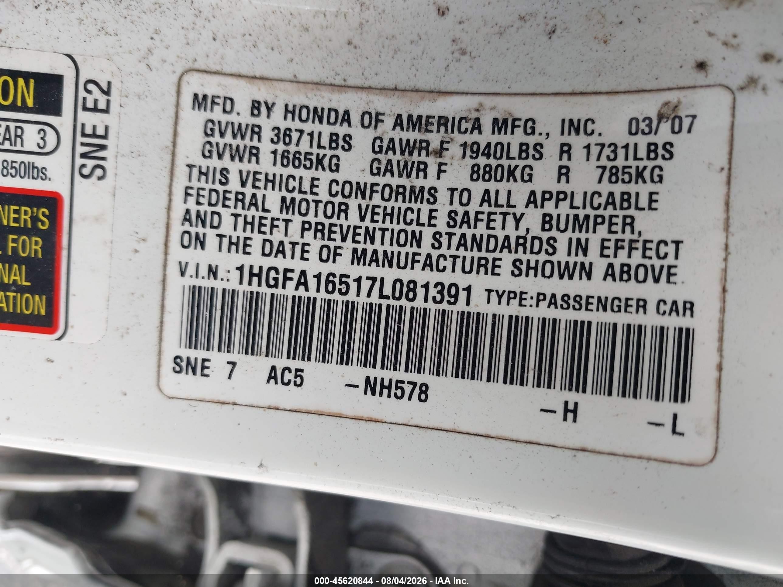 2007 Honda Civic Lx White vin: 1HGFA16517L081391