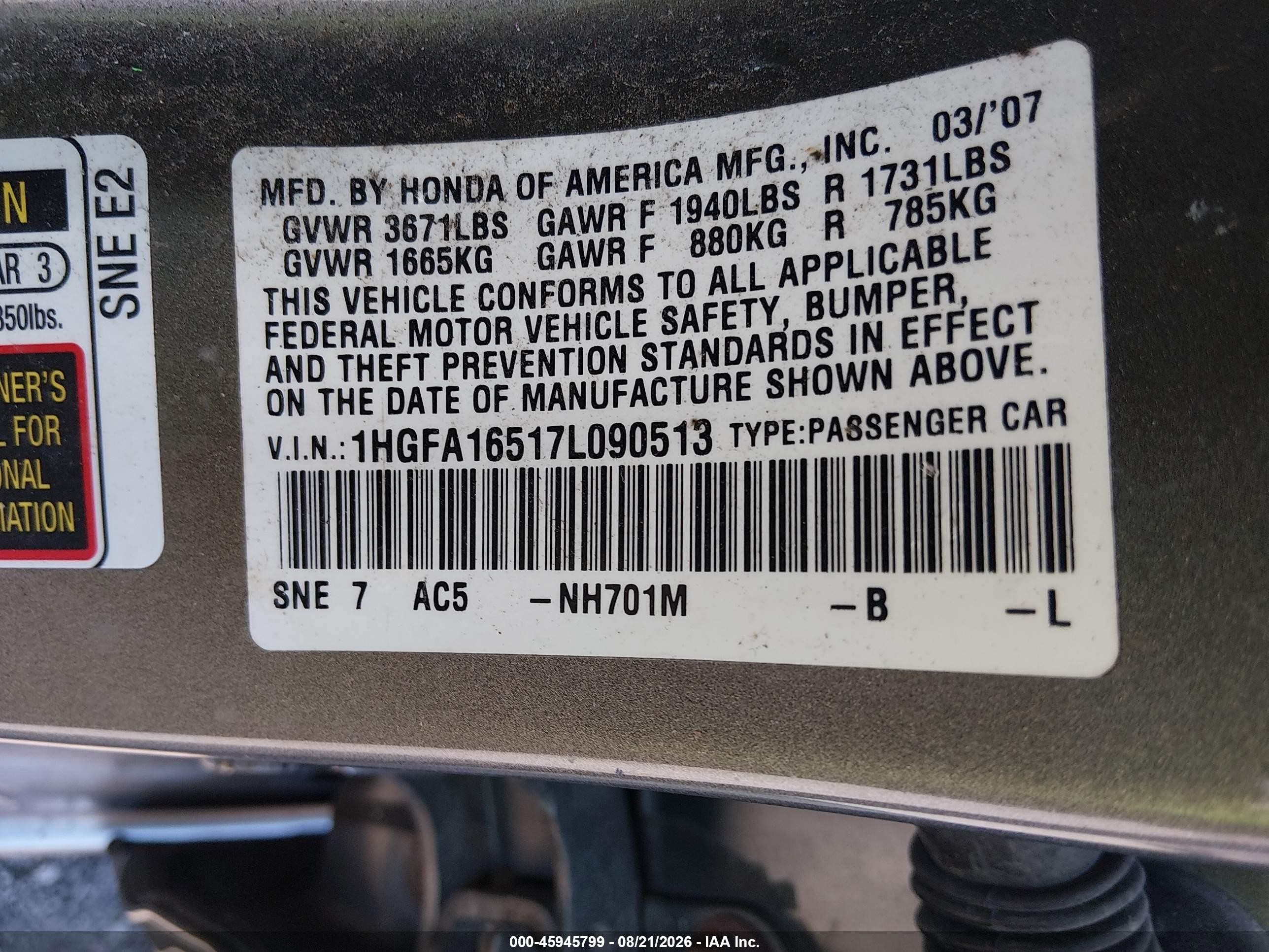 2007 Honda Civic Lx Gray vin: 1HGFA16517L090513