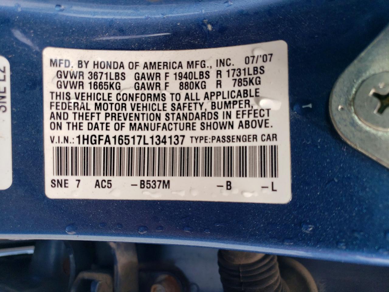 2007 Honda Civic Lx Blue vin: 1HGFA16517L134137