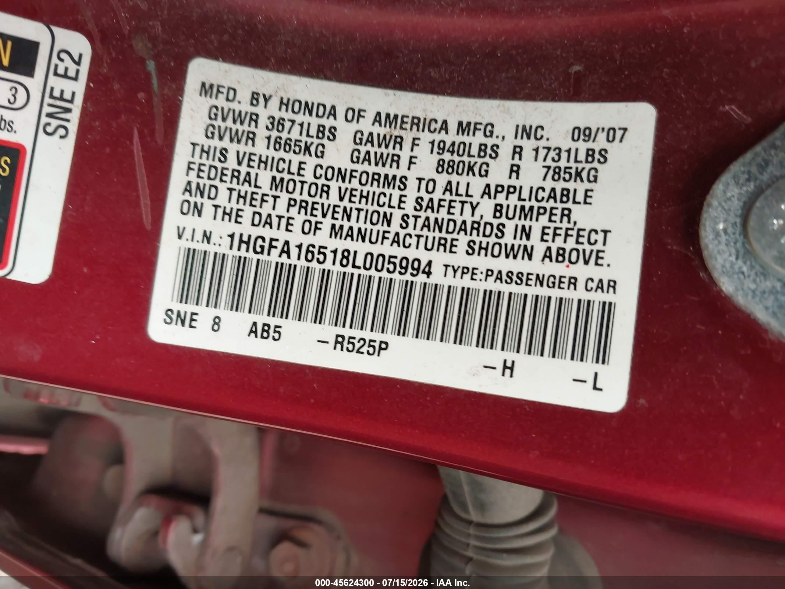 2008 Honda Civic Lx Red vin: 1HGFA16518L005994