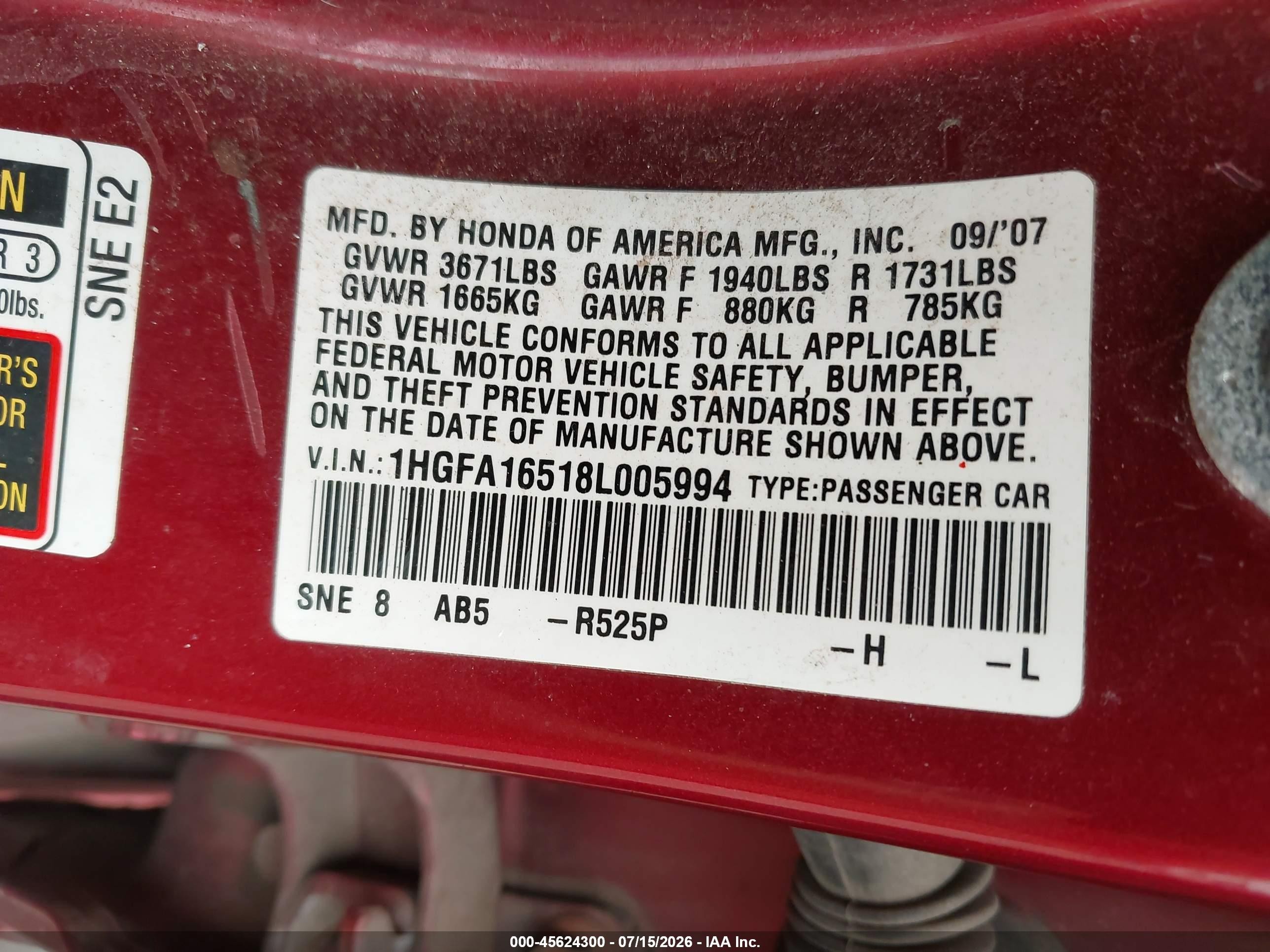 2008 Honda Civic Lx Red vin: 1HGFA16518L005994