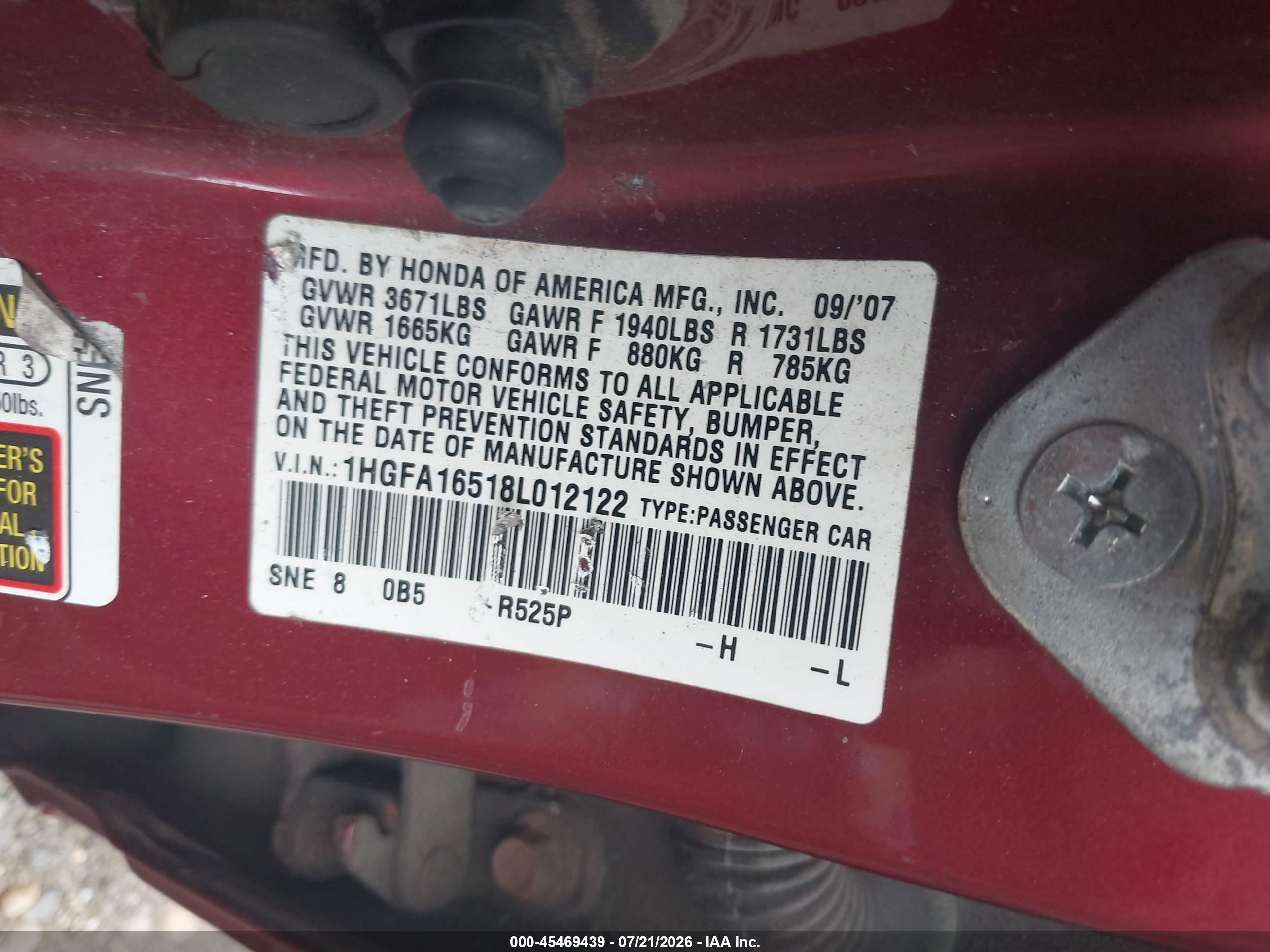 2008 Honda Civic Lx Red vin: 1HGFA16518L012122