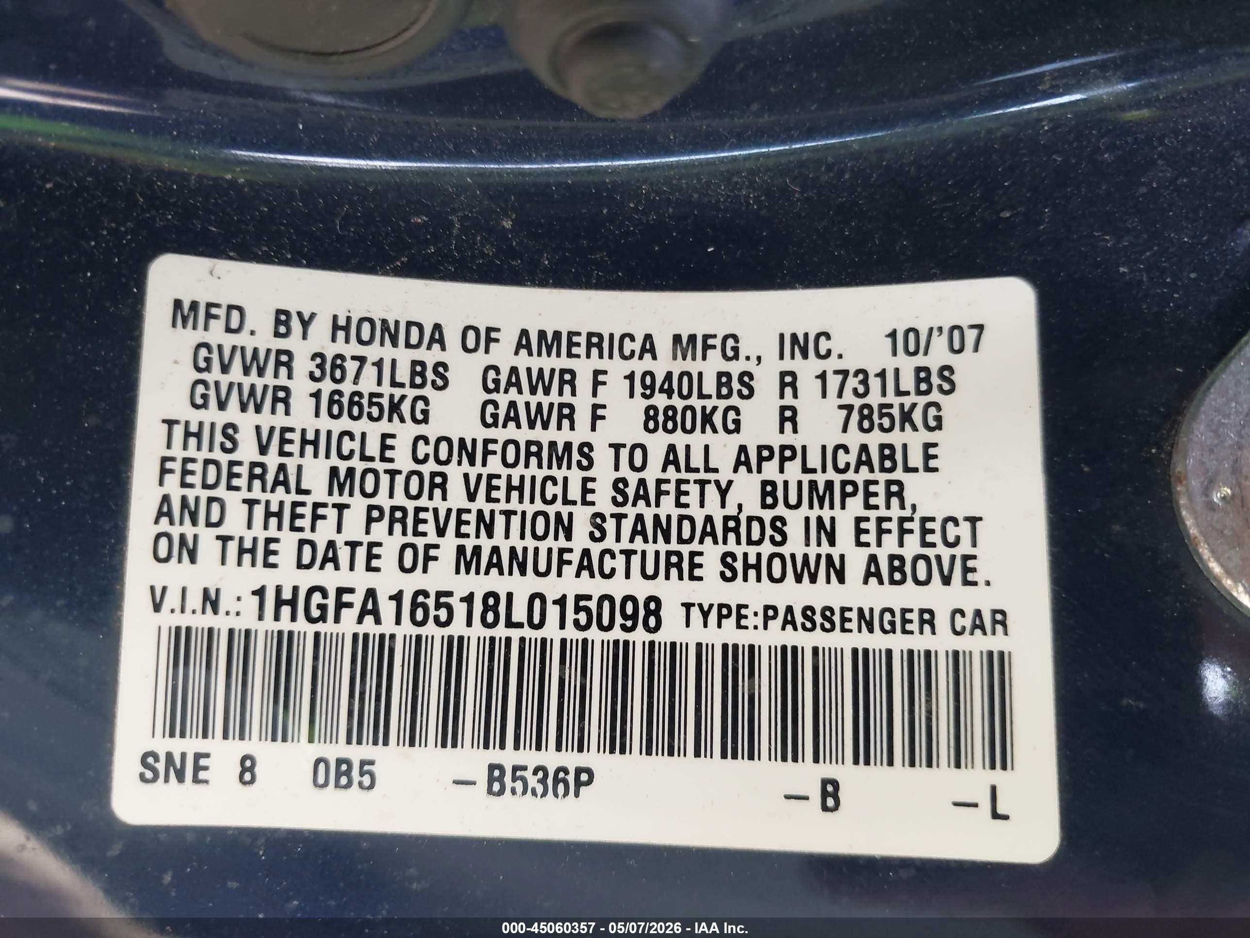 2008 Honda Civic Lx Blue vin: 1HGFA16518L015098