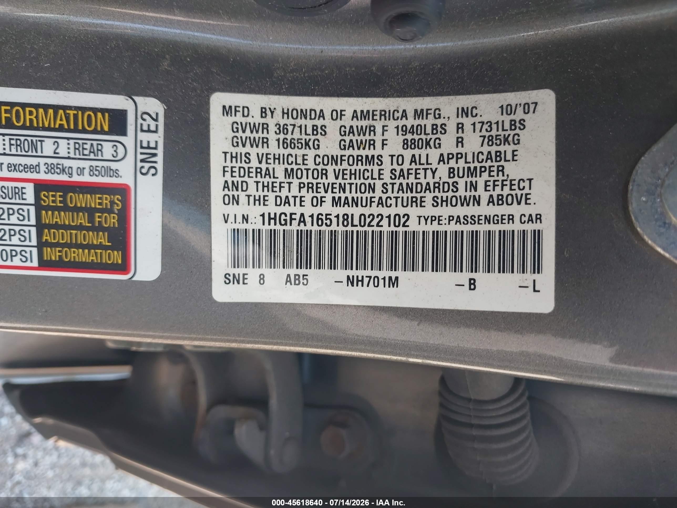 2008 Honda Civic Lx Серый vin: 1HGFA16518L022102
