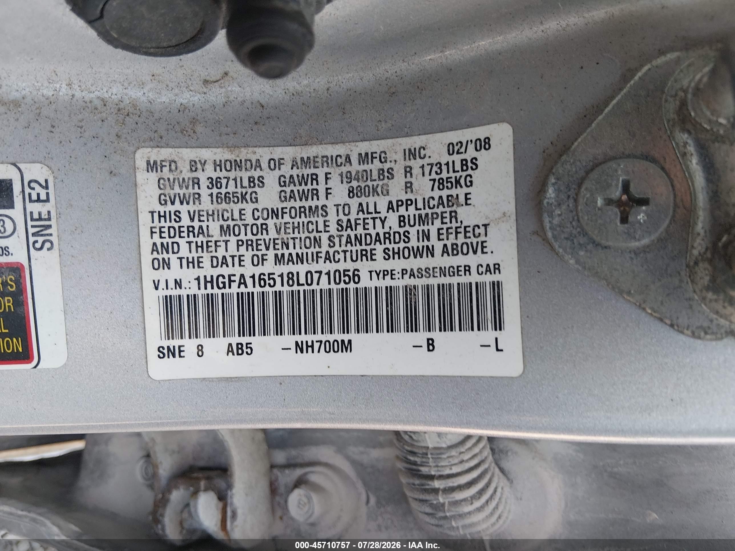 2008 Honda Civic Lx Silver vin: 1HGFA16518L071056
