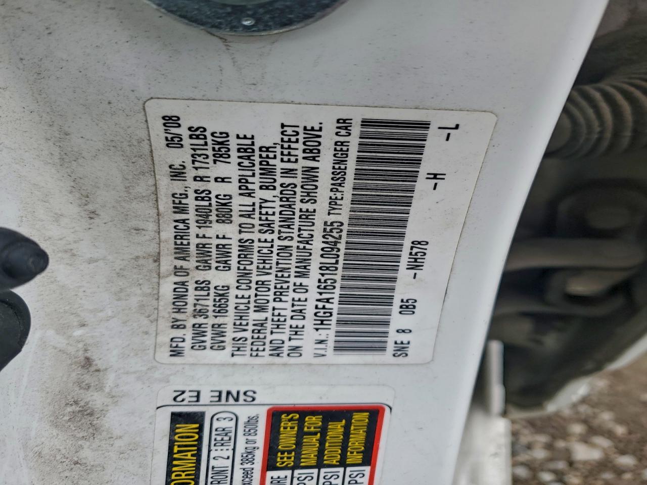 2008 Honda Civic Lx White vin: 1HGFA16518L094255