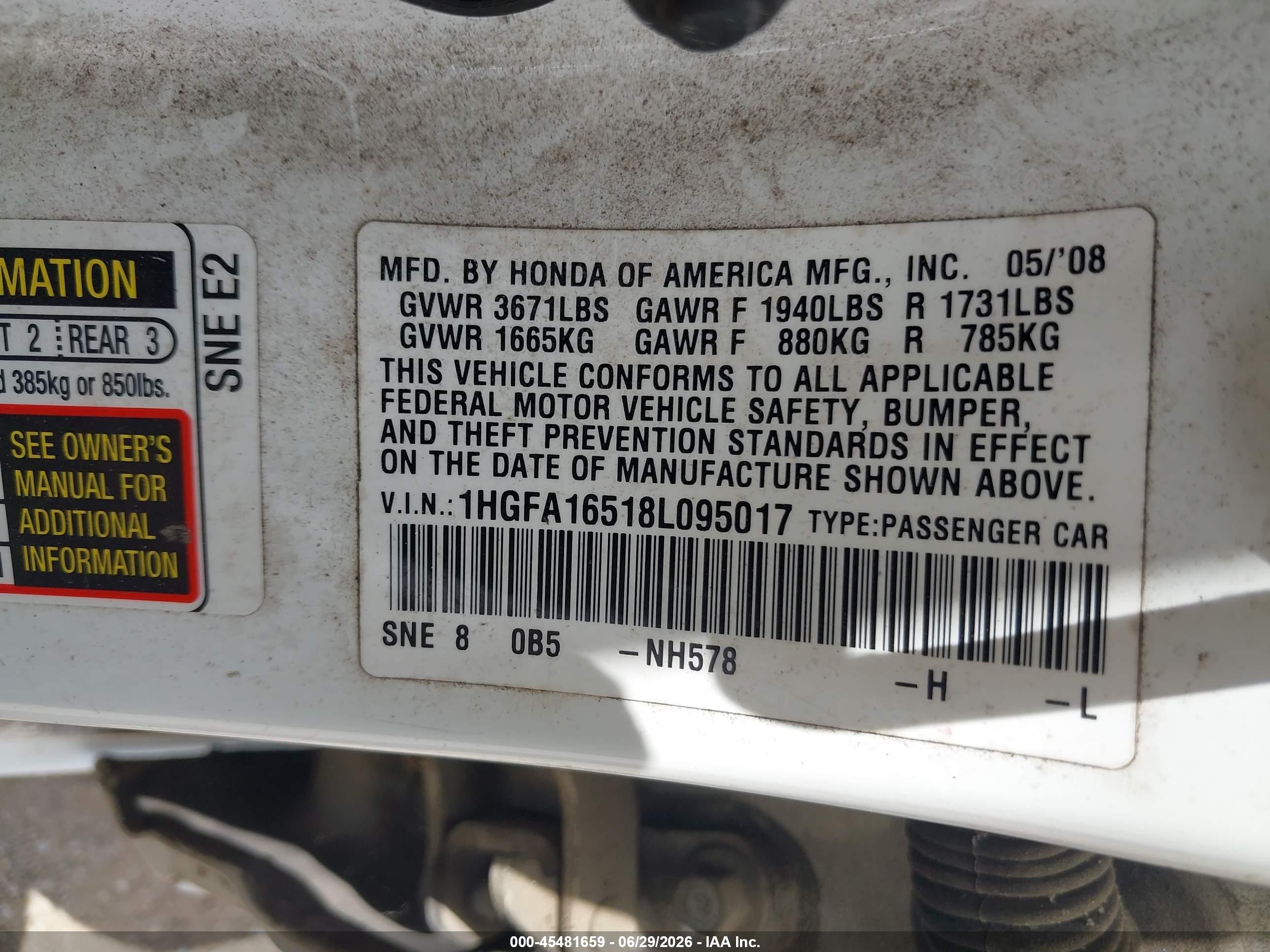2008 Honda Civic Lx White vin: 1HGFA16518L095017