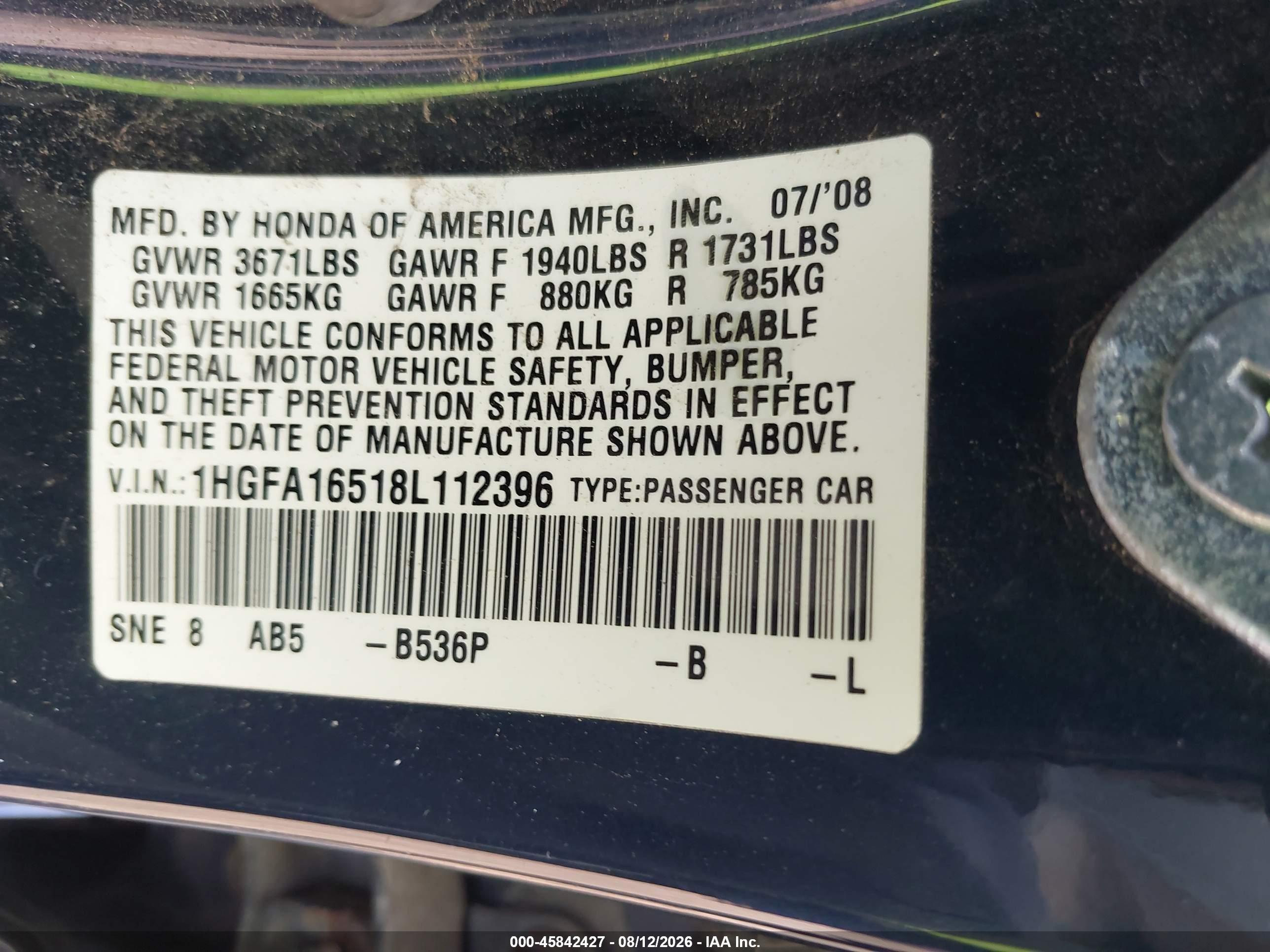 2008 Honda Civic Lx Синий vin: 1HGFA16518L112396