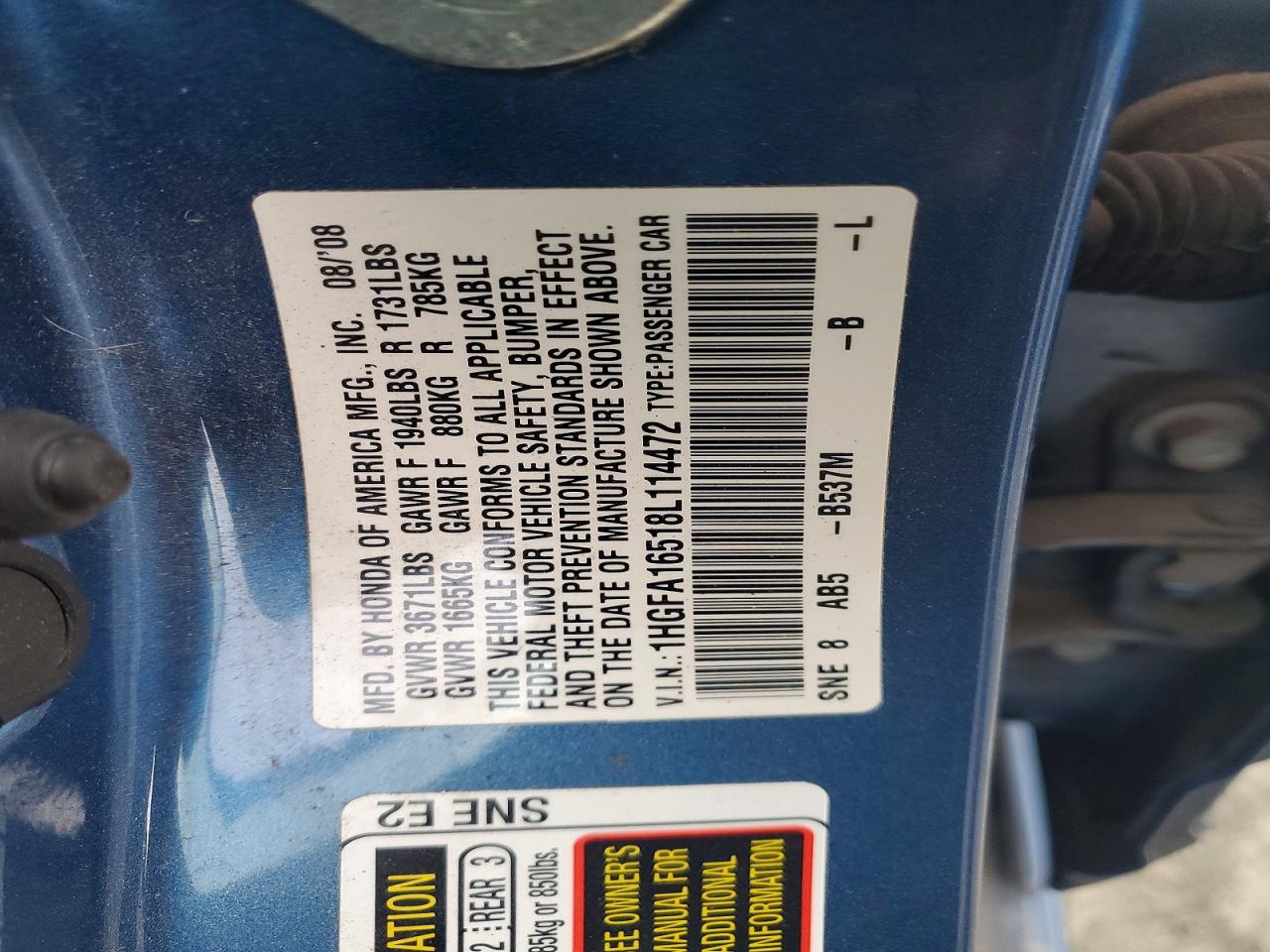2008 Honda Civic Lx Blue vin: 1HGFA16518L114472