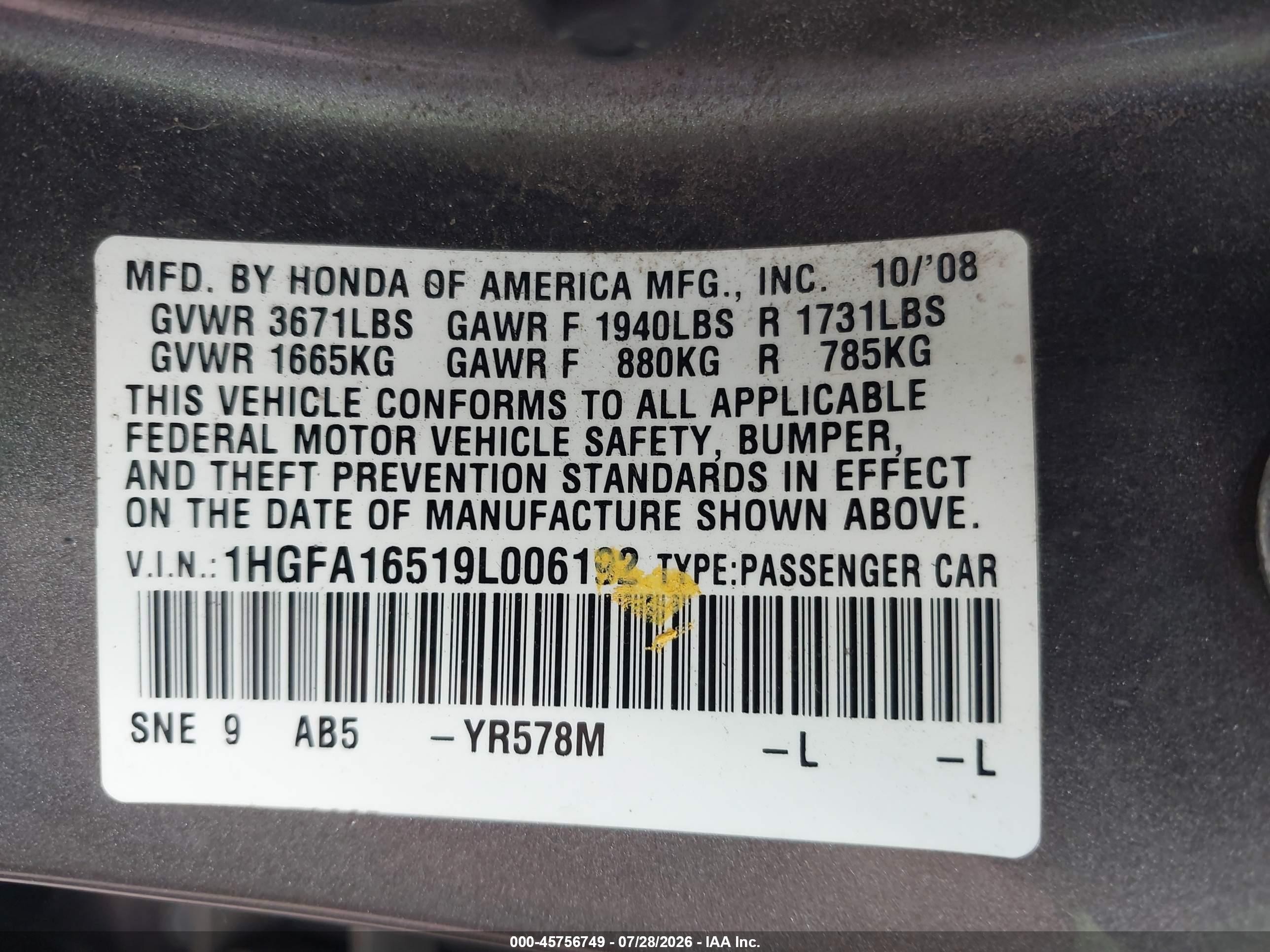 2009 Honda Civic Lx Gray vin: 1HGFA16519L006192