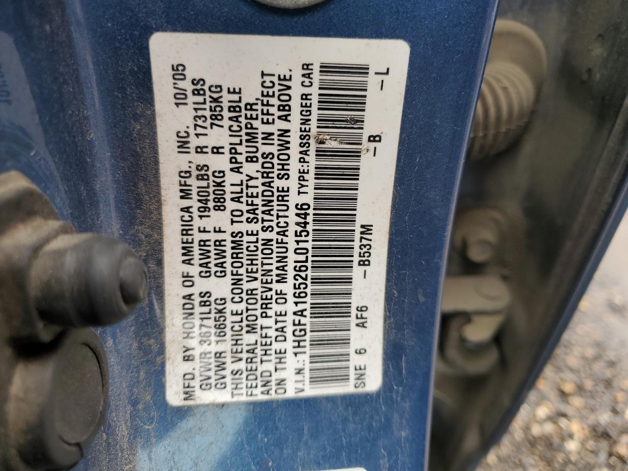 2006 Honda Civic Lx Blue vin: 1HGFA16526L015446