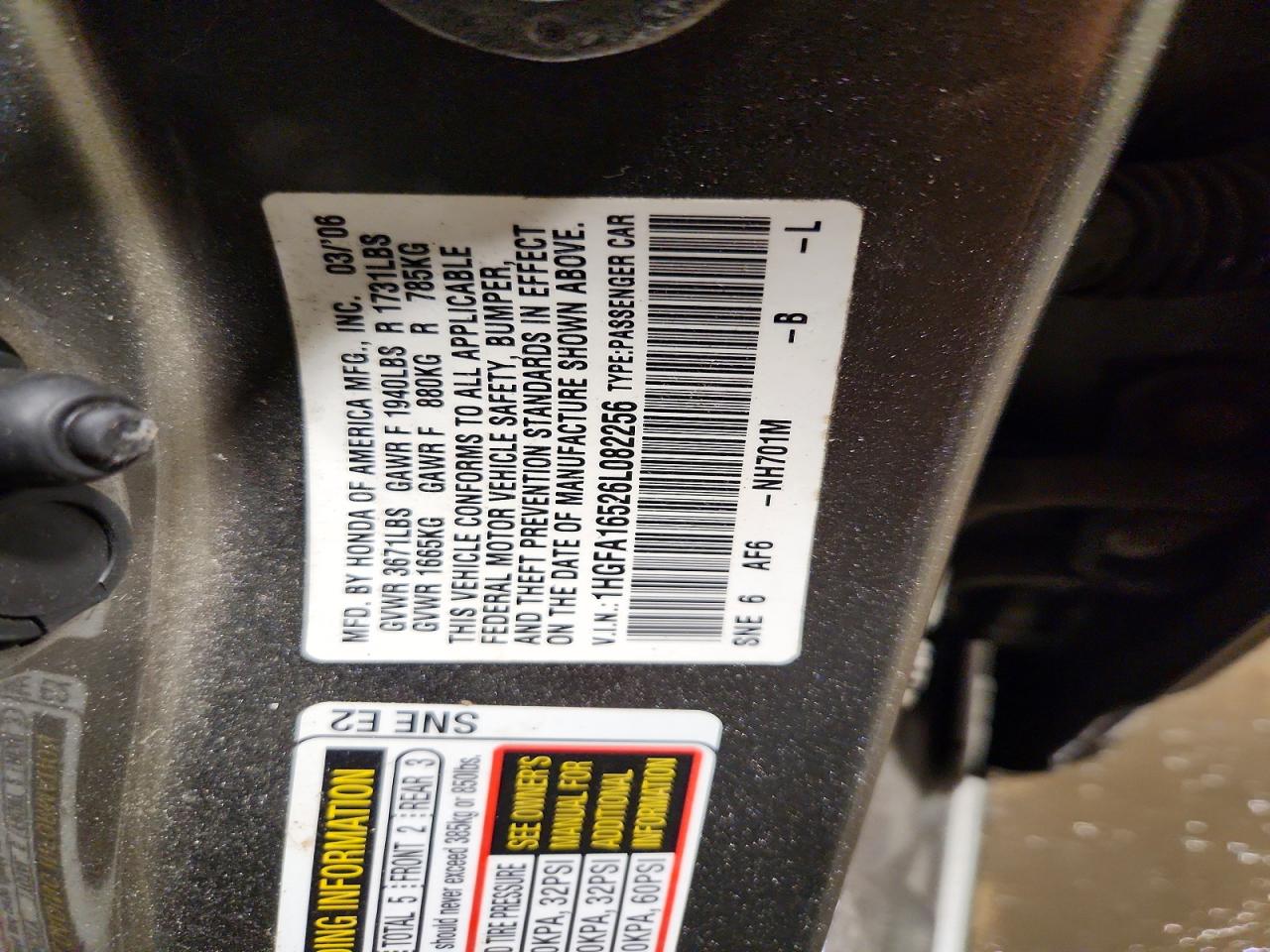 2006 Honda Civic Lx Gray vin: 1HGFA16526L082256