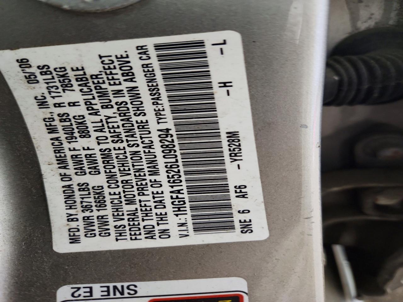 2006 Honda Civic Lx Gold vin: 1HGFA16526L098294