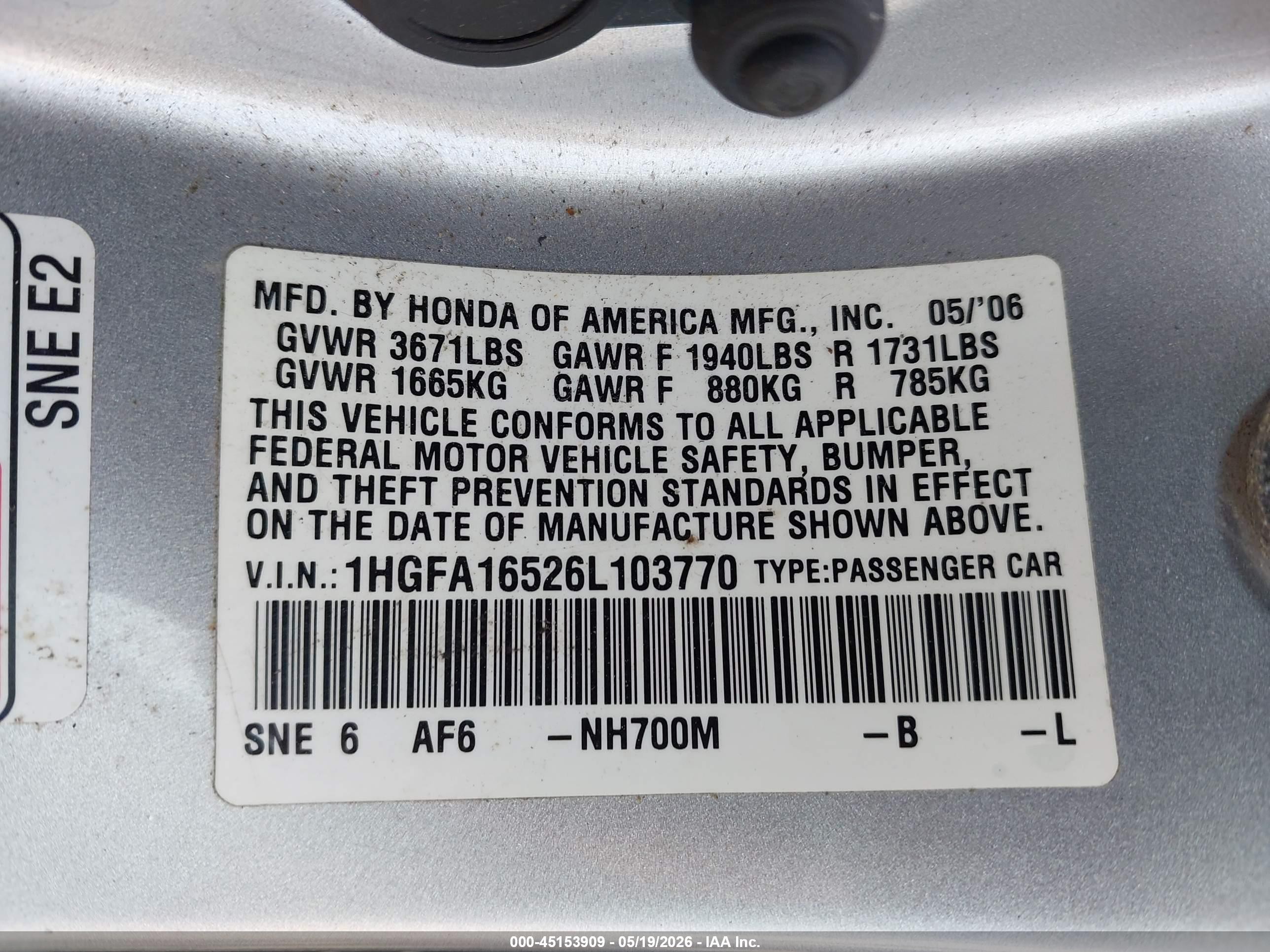 2006 Honda Civic Lx Silver vin: 1HGFA16526L103770