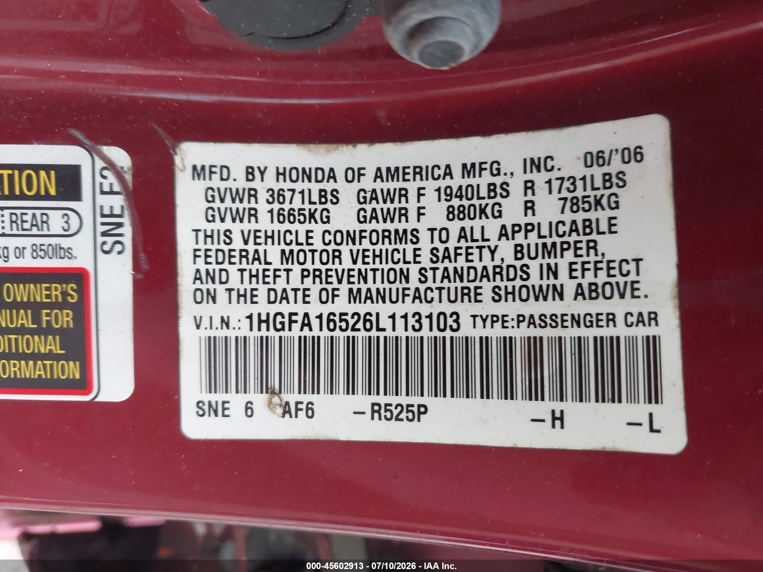 2006 Honda Civic Lx Burgundy vin: 1HGFA16526L113103