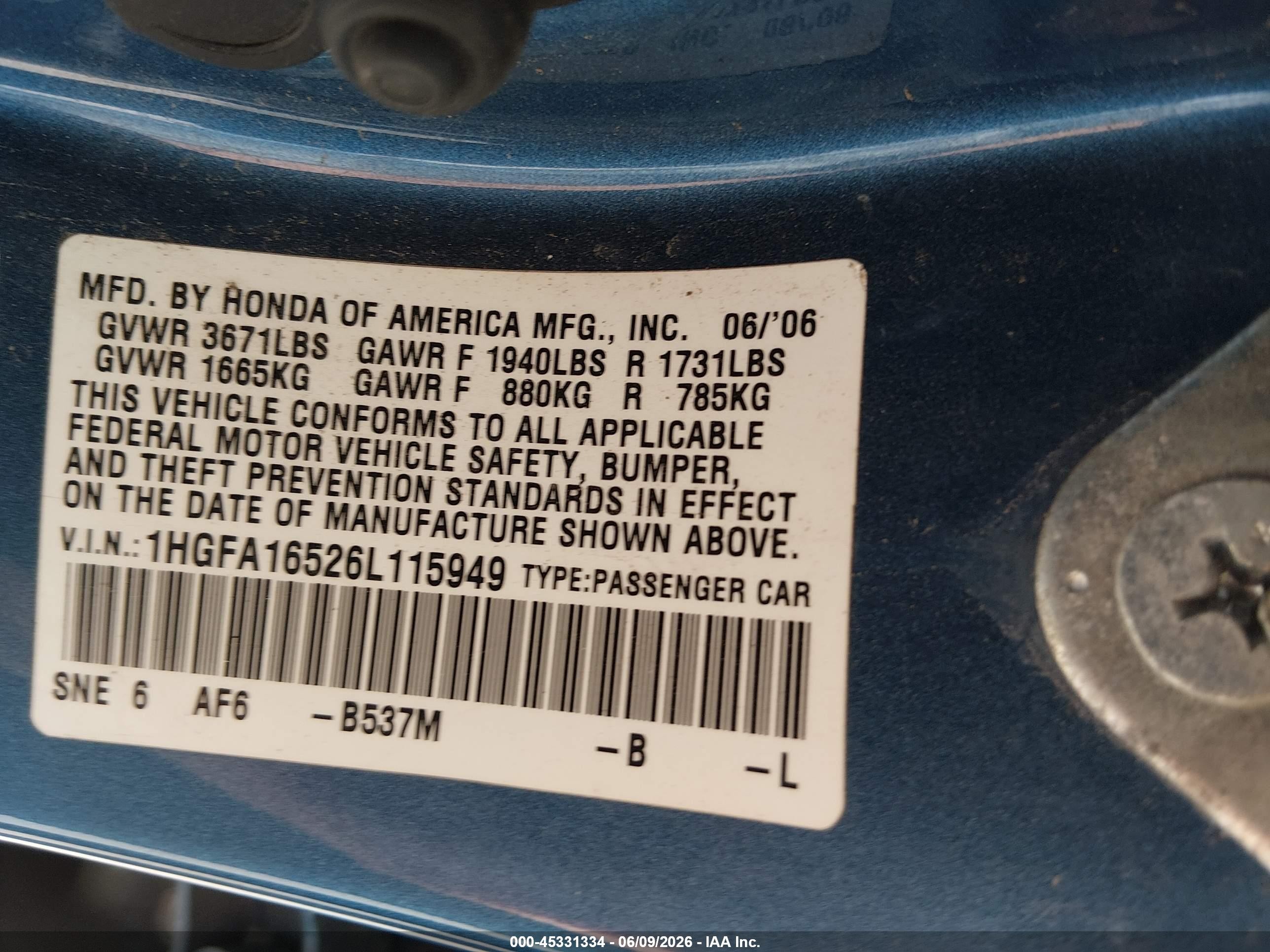 2006 Honda Civic Lx Blue vin: 1HGFA16526L115949