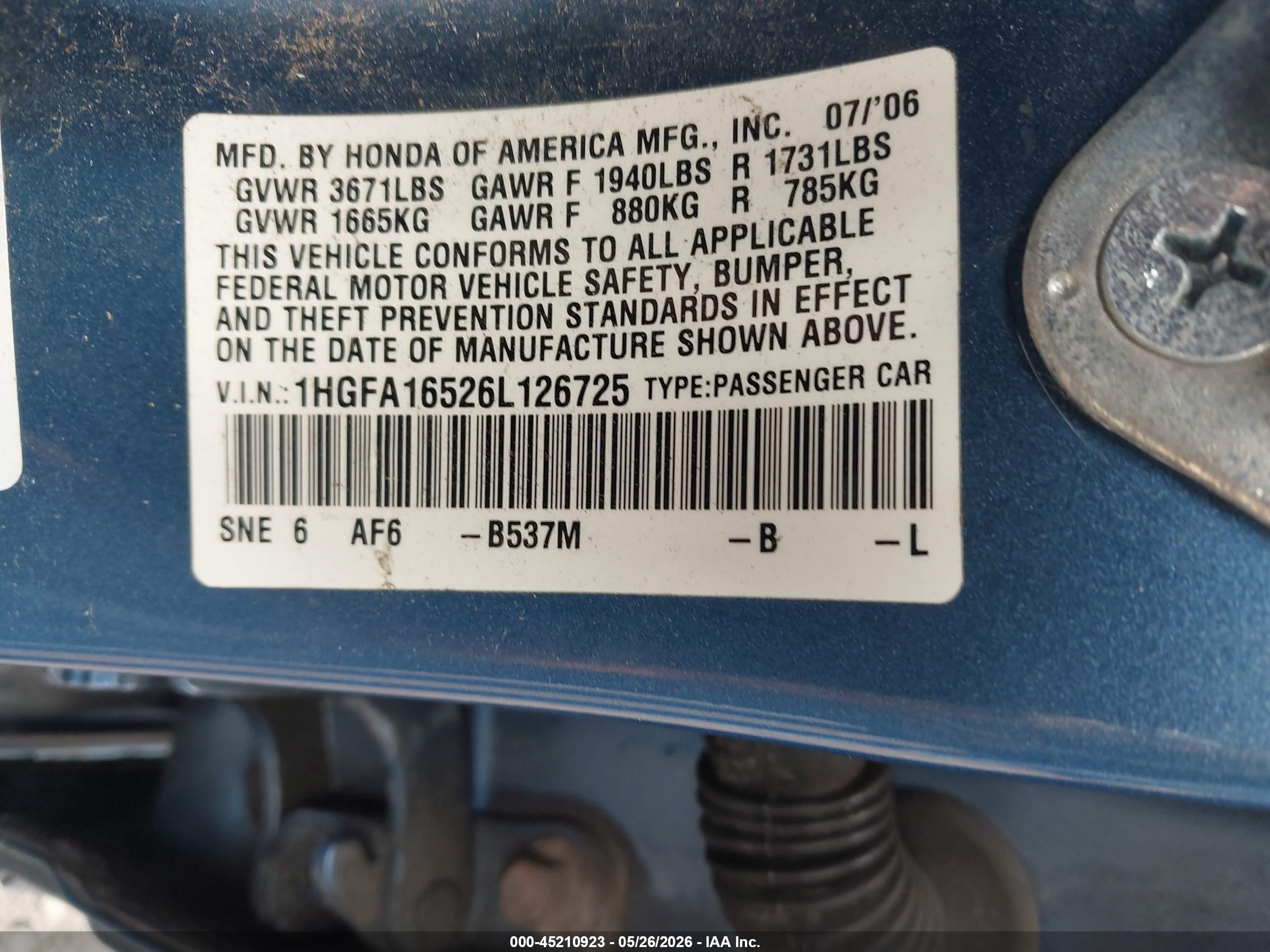 2006 Honda Civic Lx Blue vin: 1HGFA16526L126725