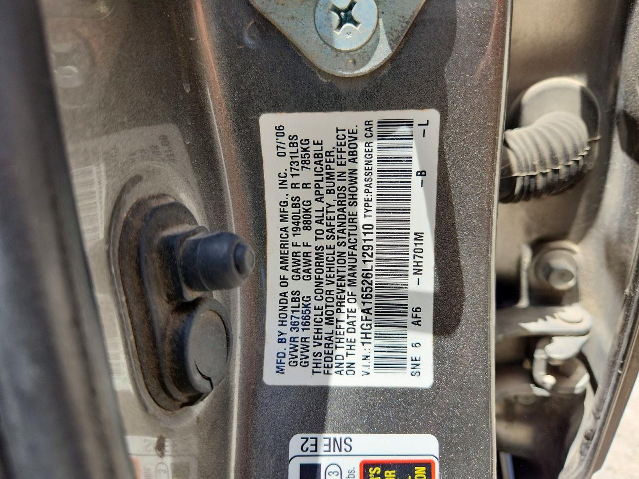 2006 Honda Civic Lx Gray vin: 1HGFA16526L129110