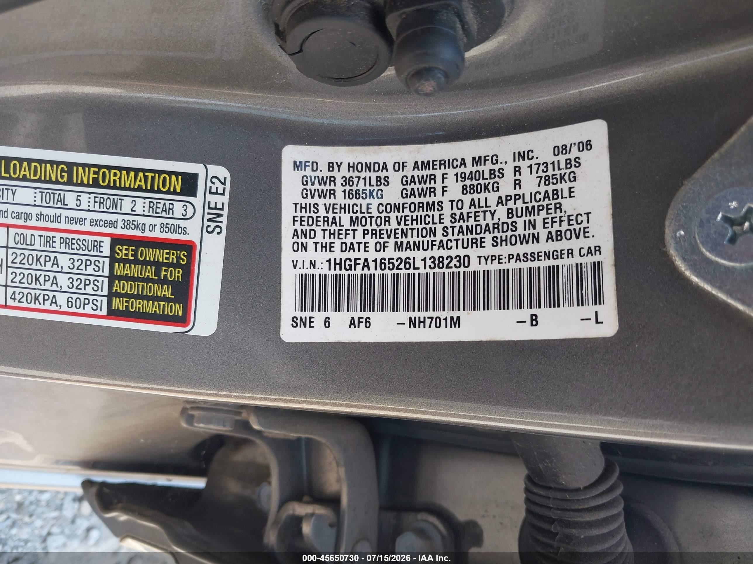 2006 Honda Civic Lx Gray vin: 1HGFA16526L138230