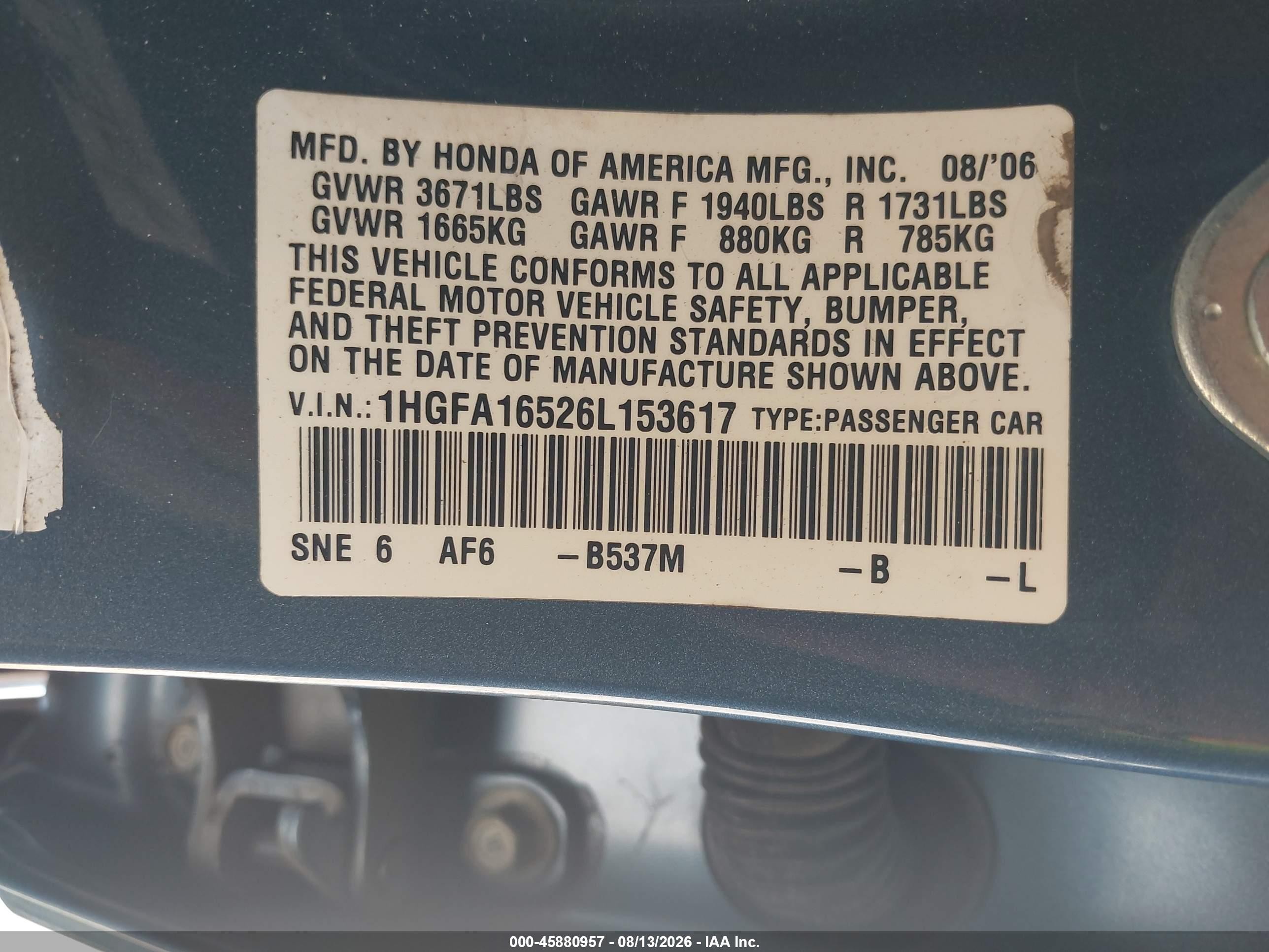 2006 Honda Civic Lx Blue vin: 1HGFA16526L153617