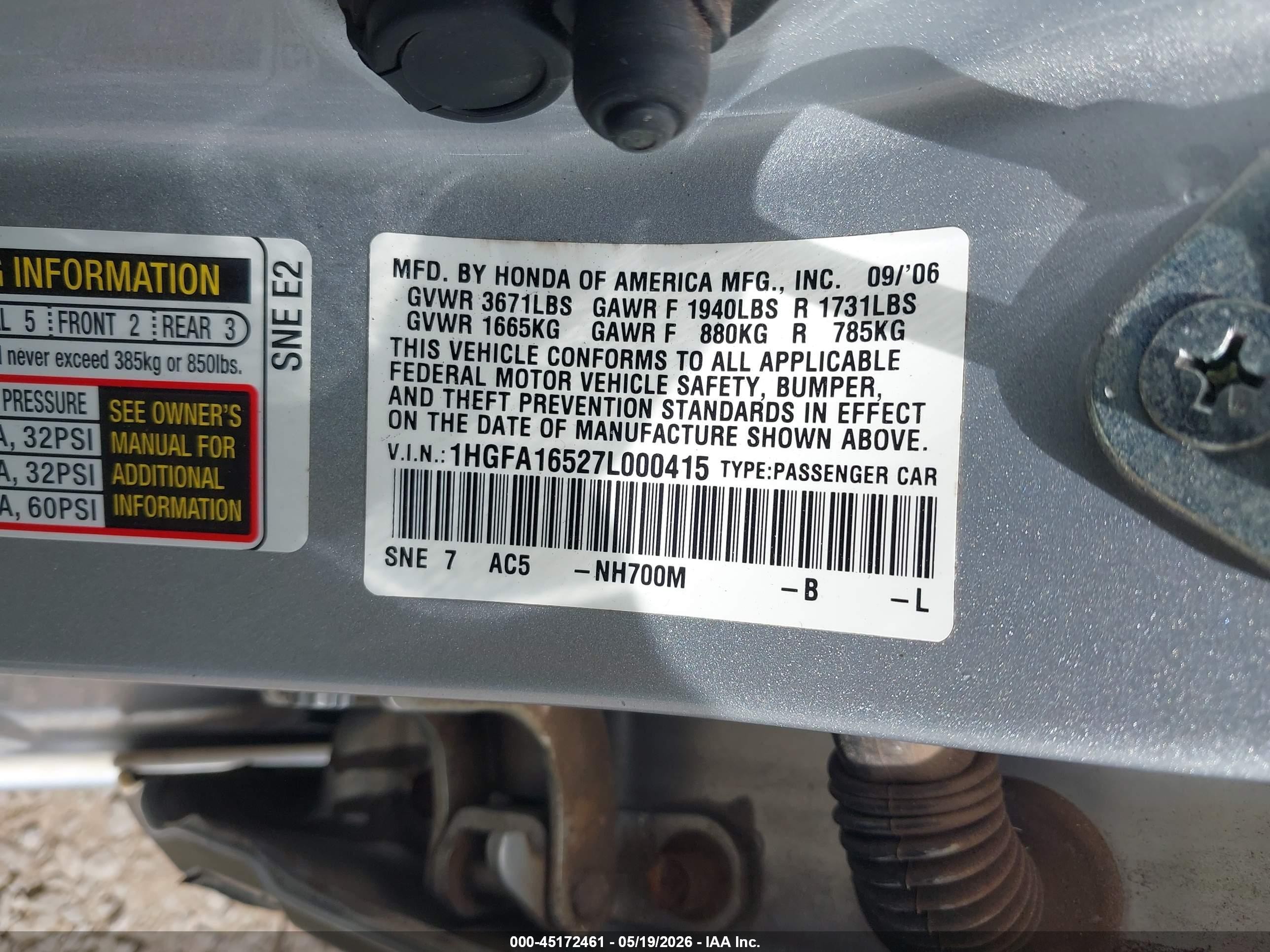 2007 Honda Civic Lx Silver vin: 1HGFA16527L000415