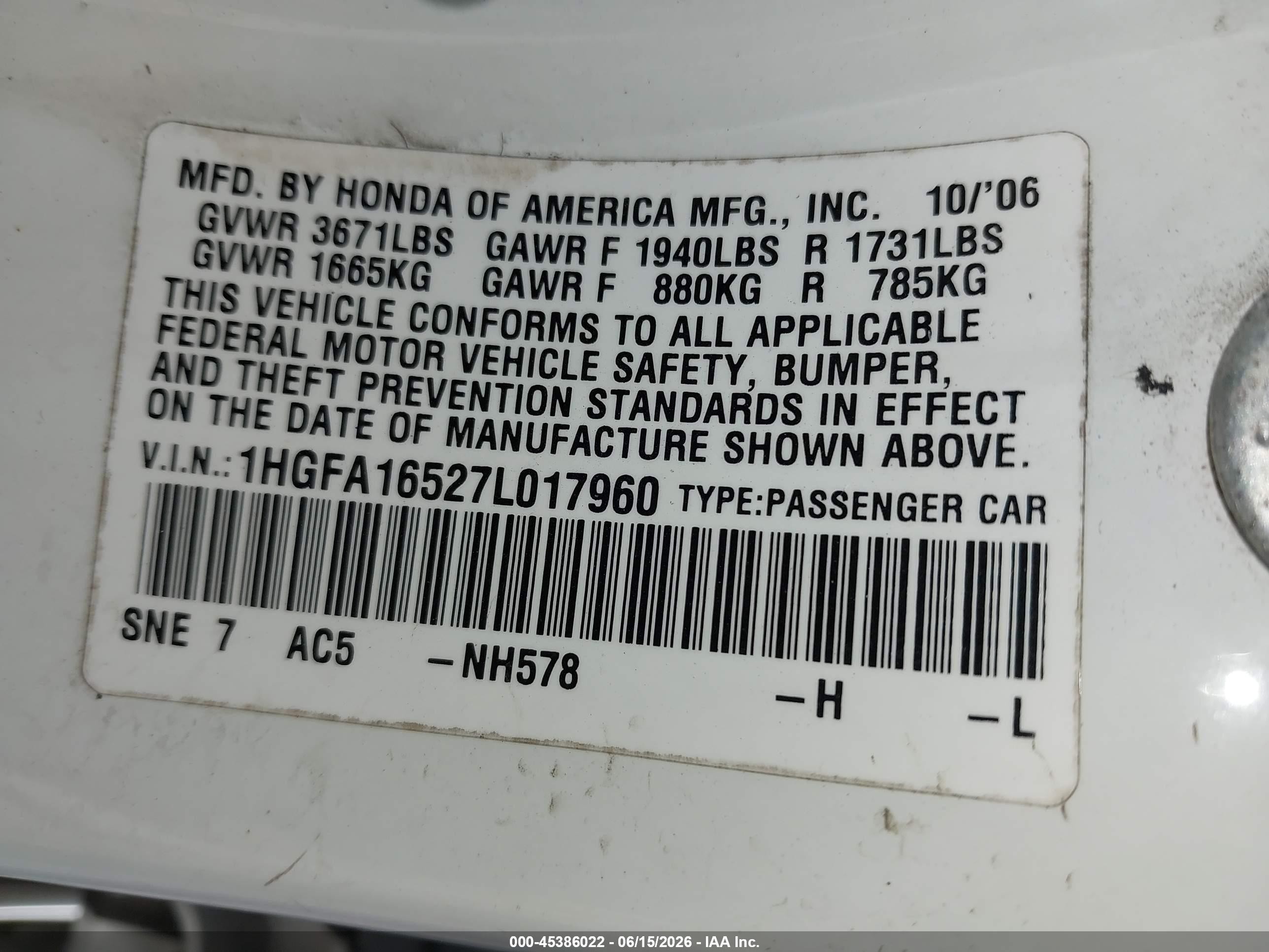 2007 Honda Civic Lx White vin: 1HGFA16527L017960