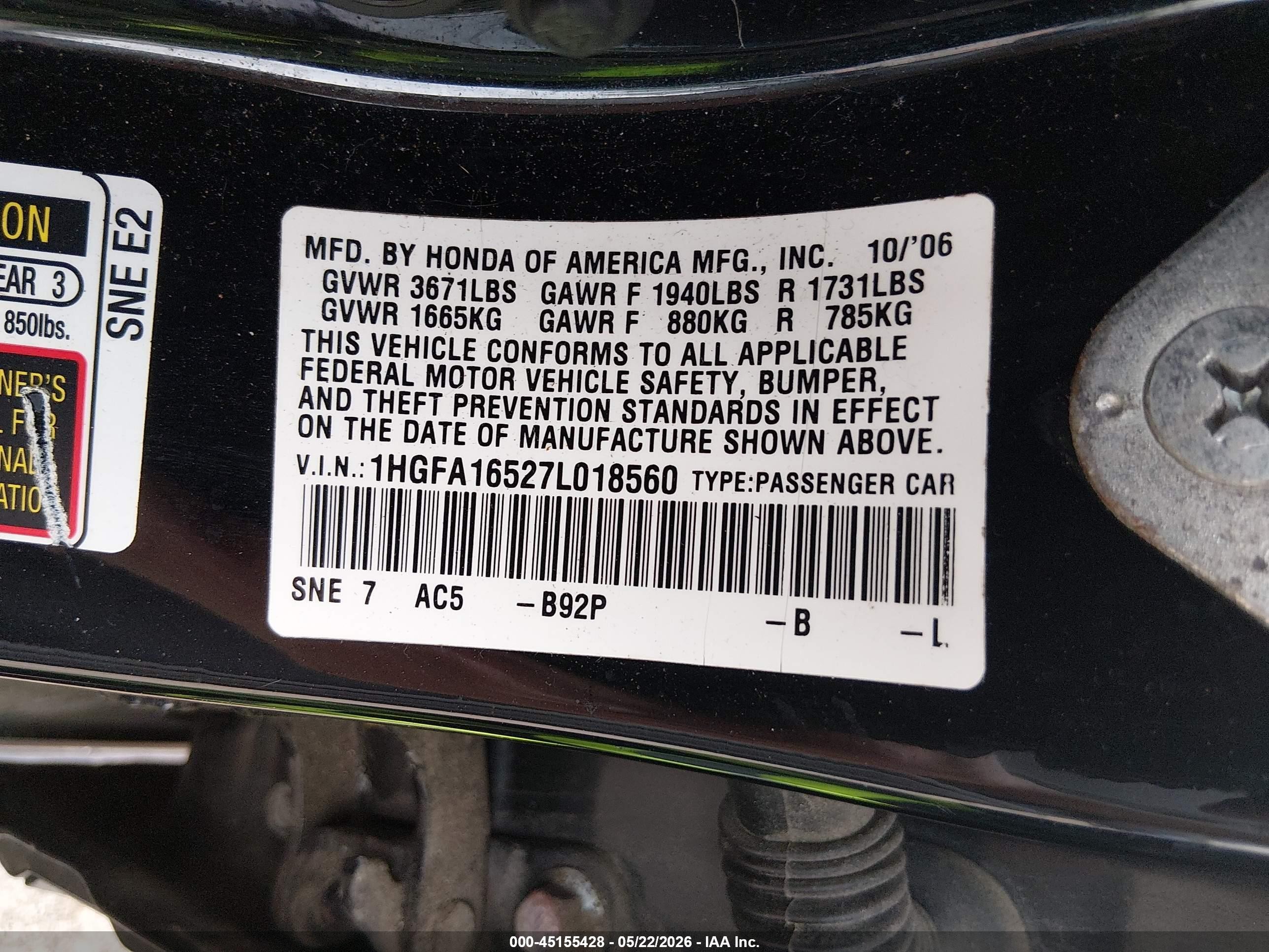 2007 Honda Civic Lx Black vin: 1HGFA16527L018560