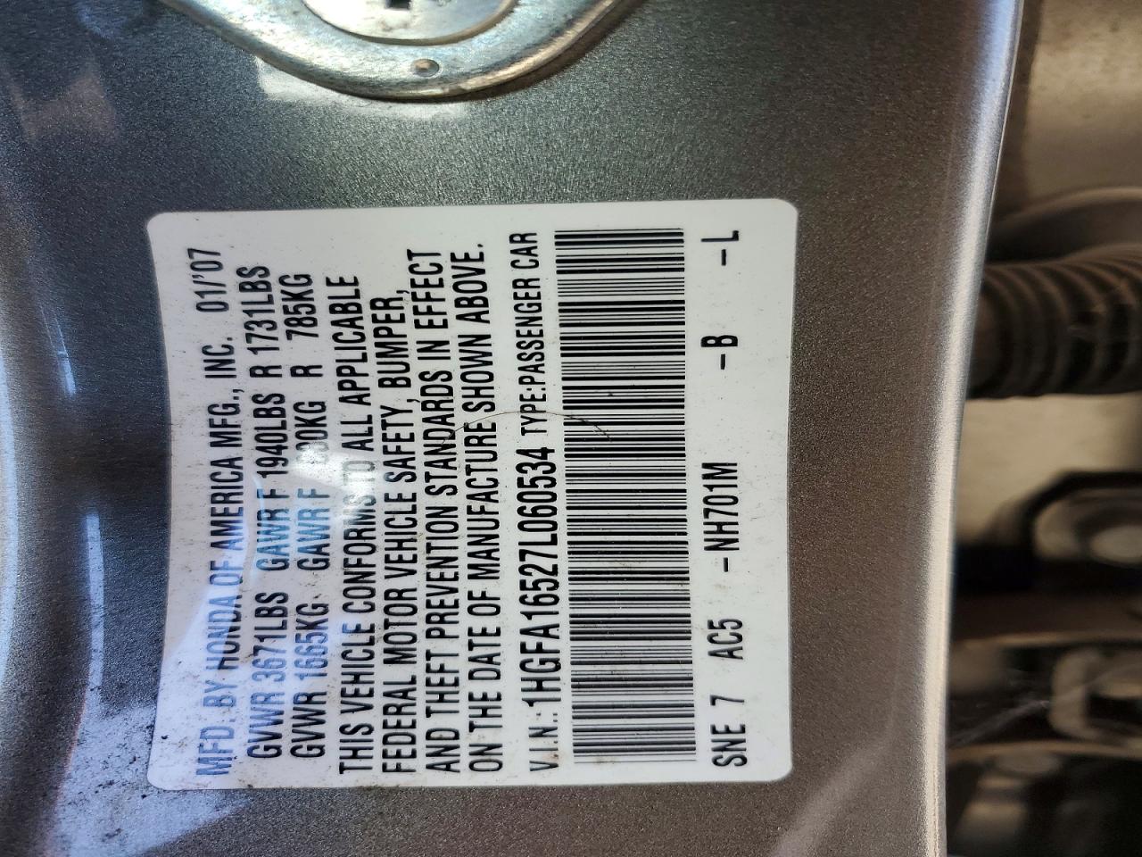 2007 Honda Civic Lx Gray vin: 1HGFA16527L060534