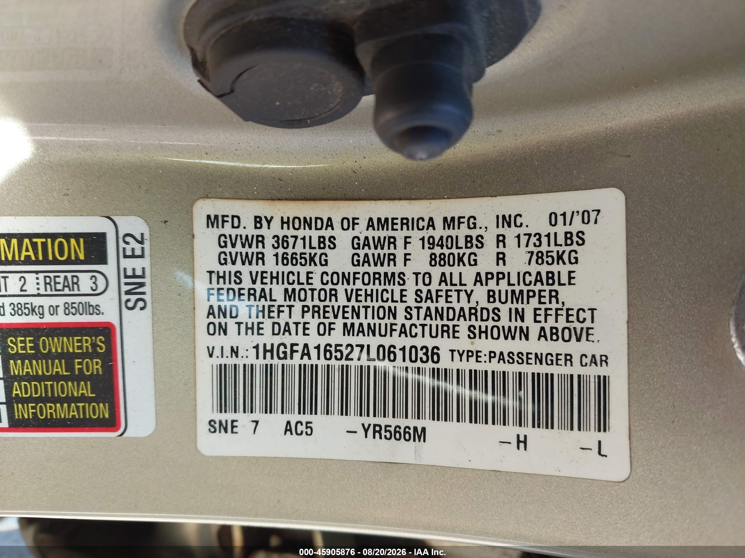 2007 Honda Civic Lx Бежевый vin: 1HGFA16527L061036