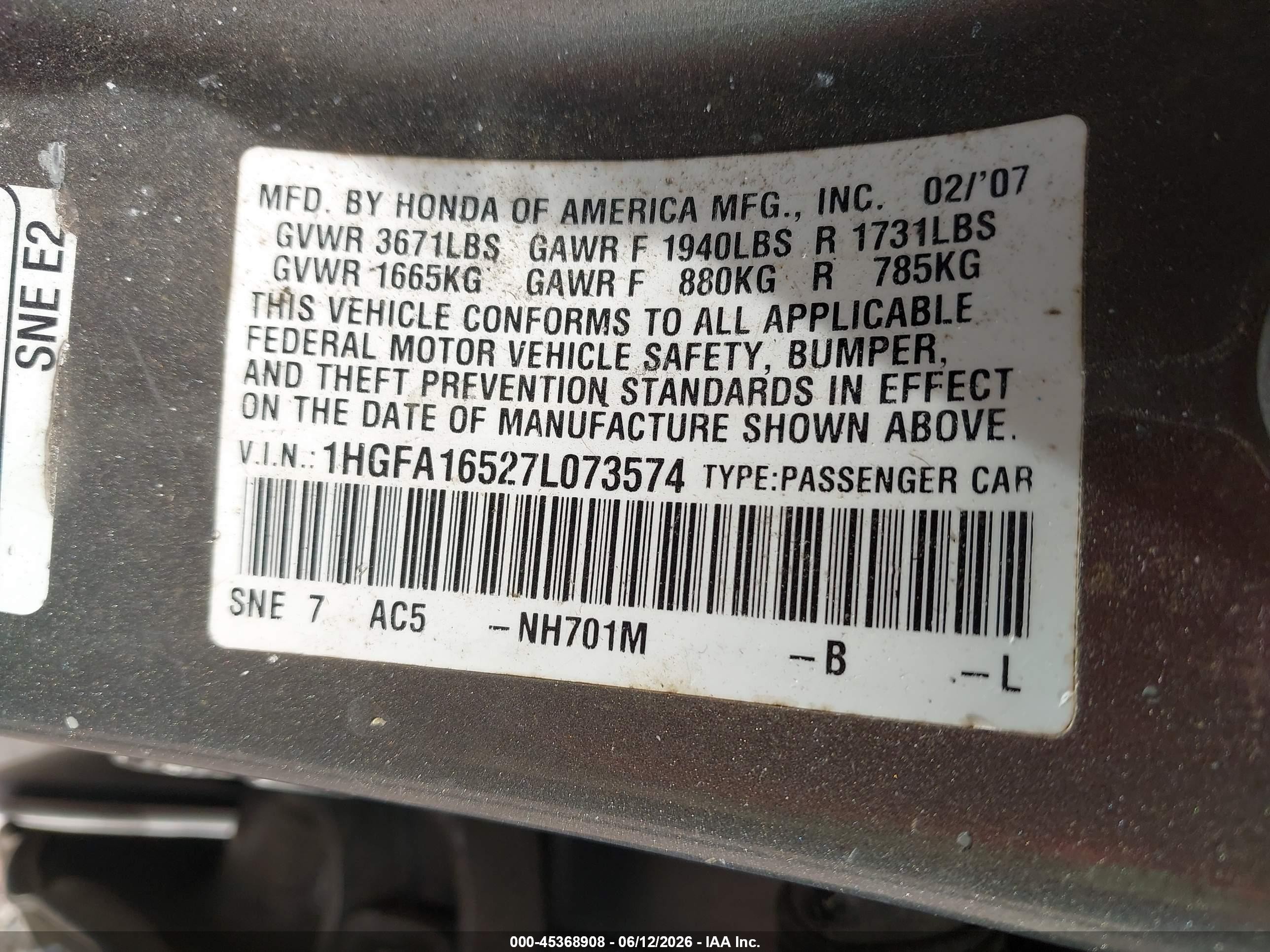 2007 Honda Civic Lx Black vin: 1HGFA16527L073574