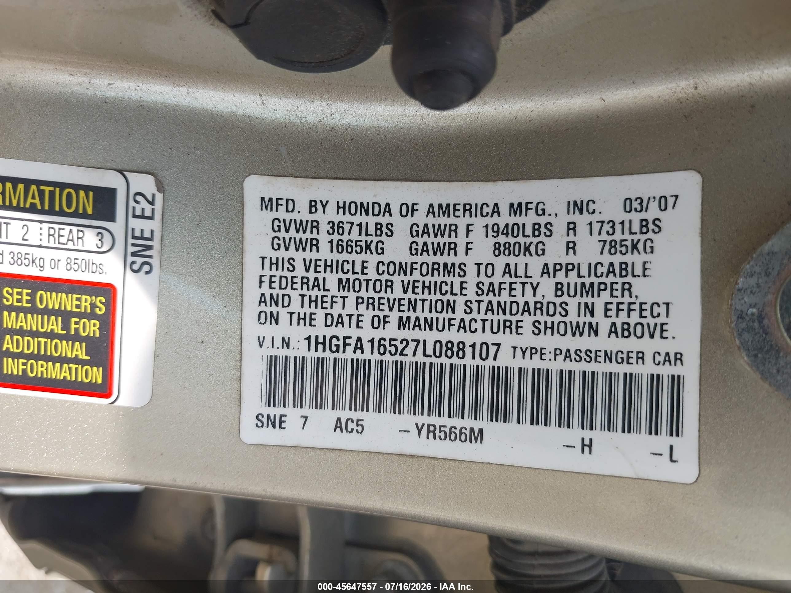 2007 Honda Civic Lx Gold vin: 1HGFA16527L088107