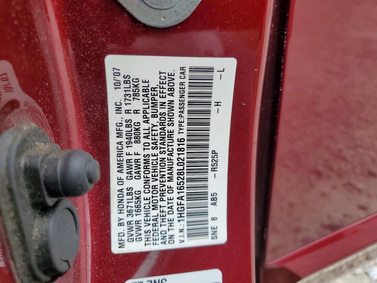 2008 Honda Civic Lx Maroon vin: 1HGFA16528L021816