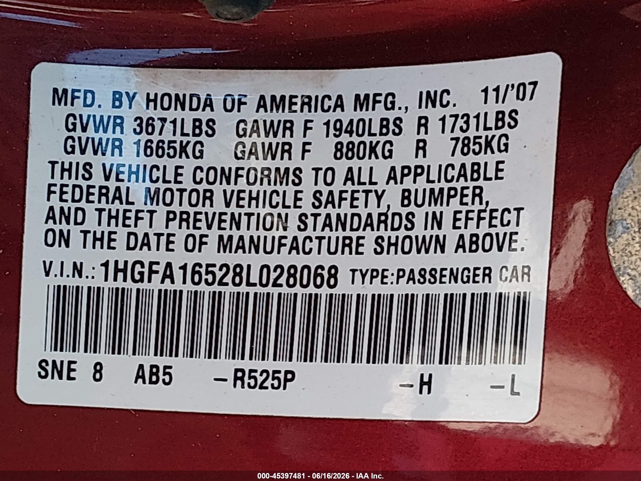 2008 Honda Civic Lx Red vin: 1HGFA16528L028068