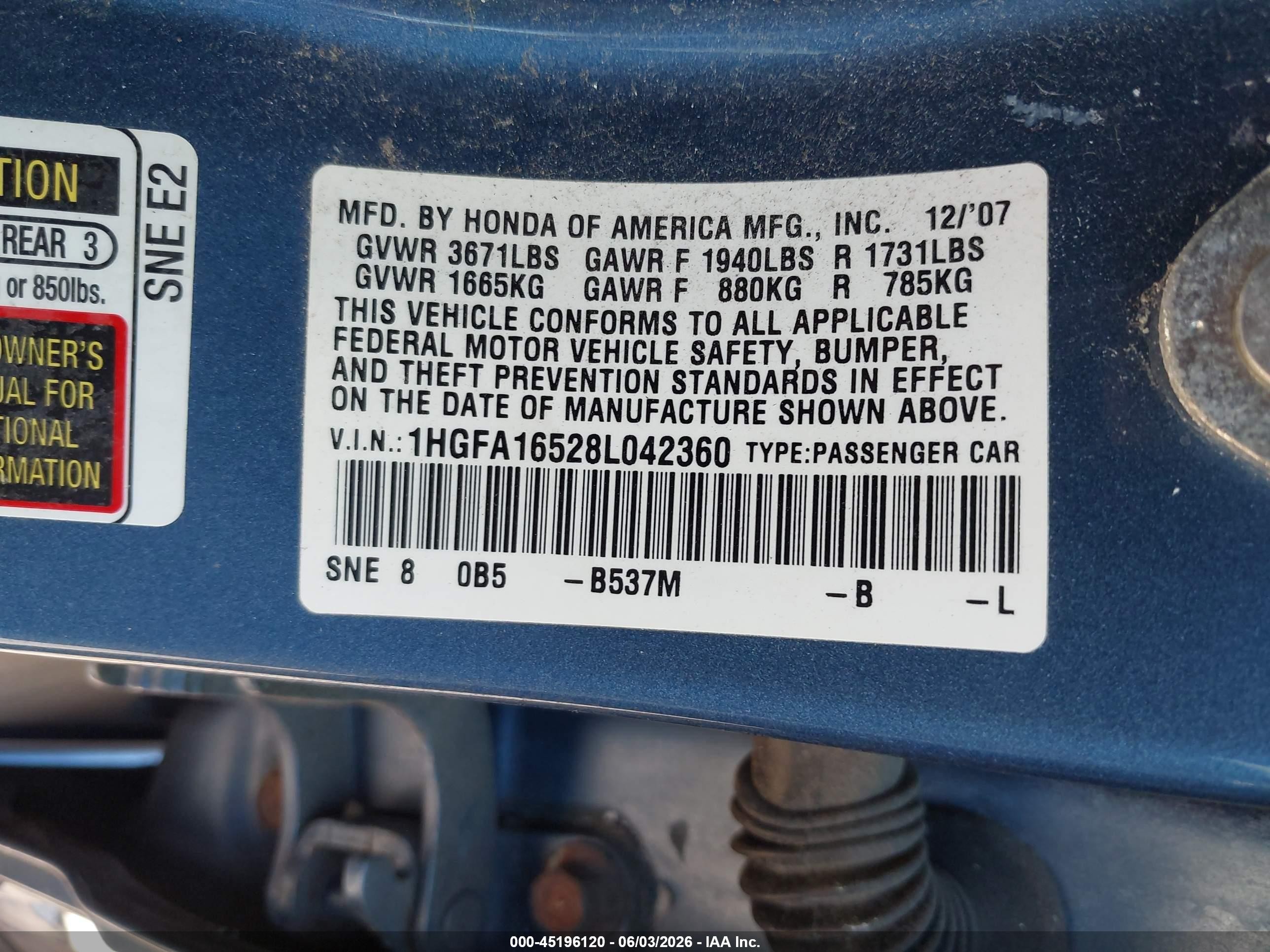 2008 Honda Civic Lx Blue vin: 1HGFA16528L042360