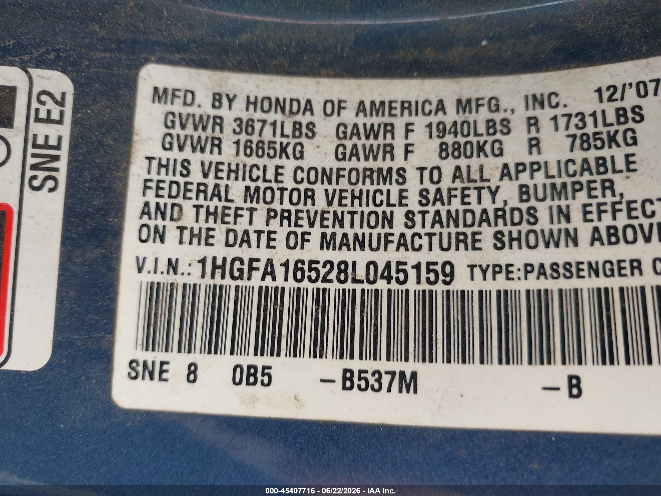2008 Honda Civic Lx Blue vin: 1HGFA16528L045159