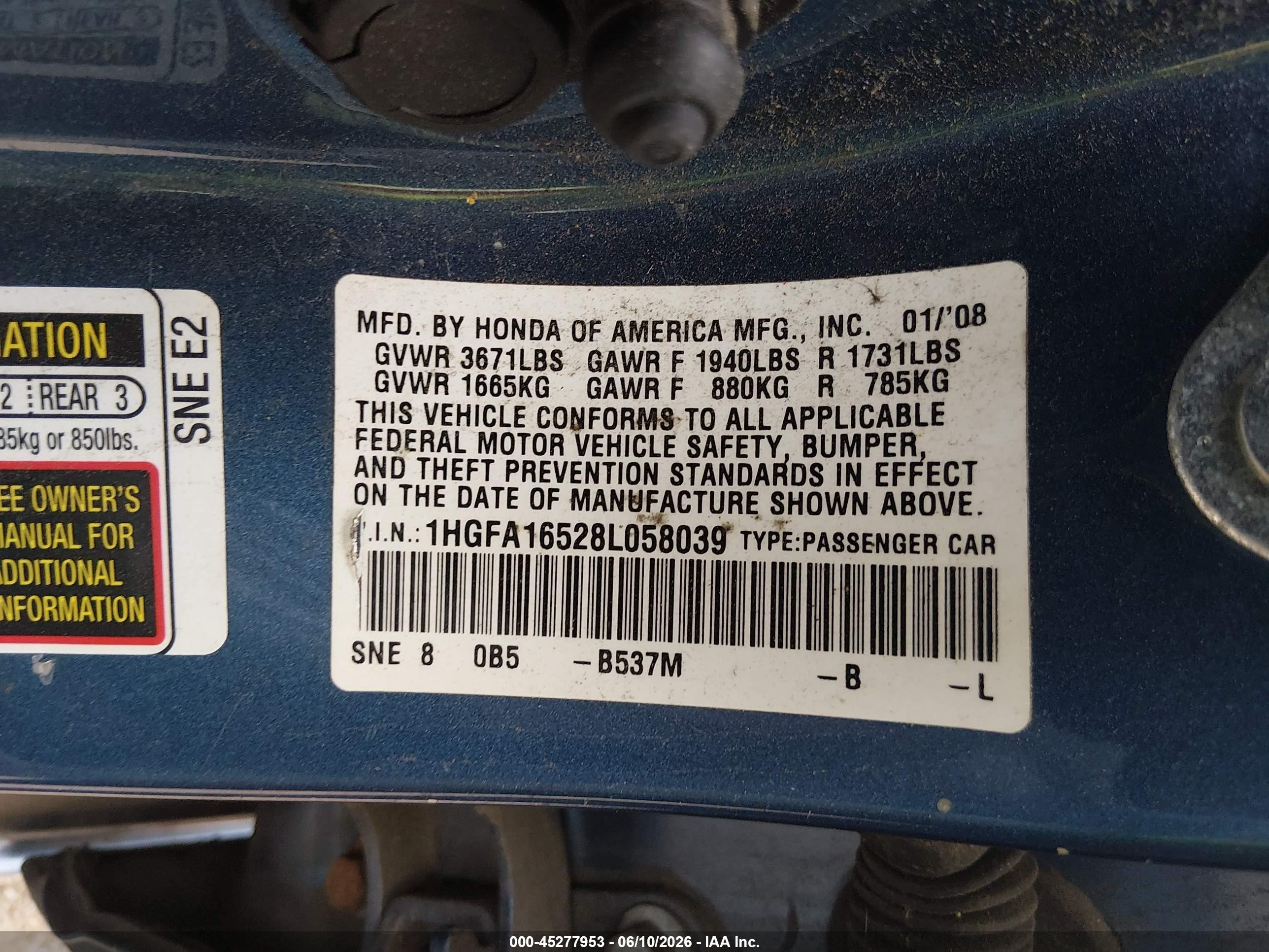 2008 Honda Civic Lx Blue vin: 1HGFA16528L058039