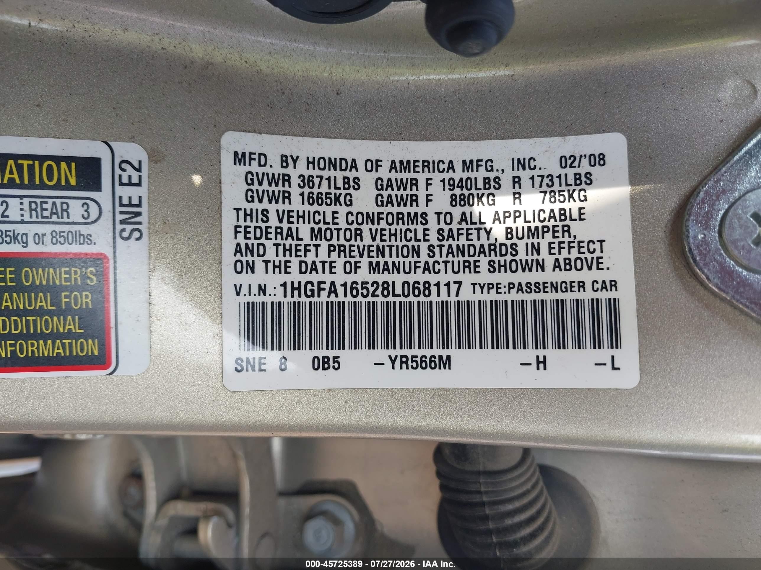 2008 Honda Civic Lx Gold vin: 1HGFA16528L068117