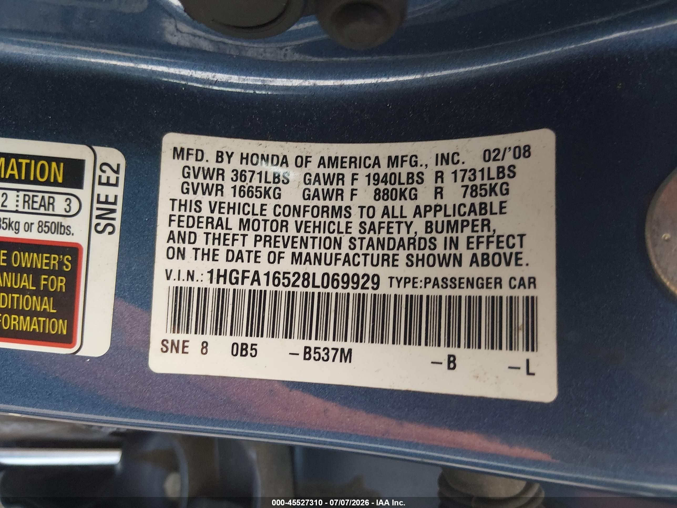 2008 Honda Civic Lx Blue vin: 1HGFA16528L069929