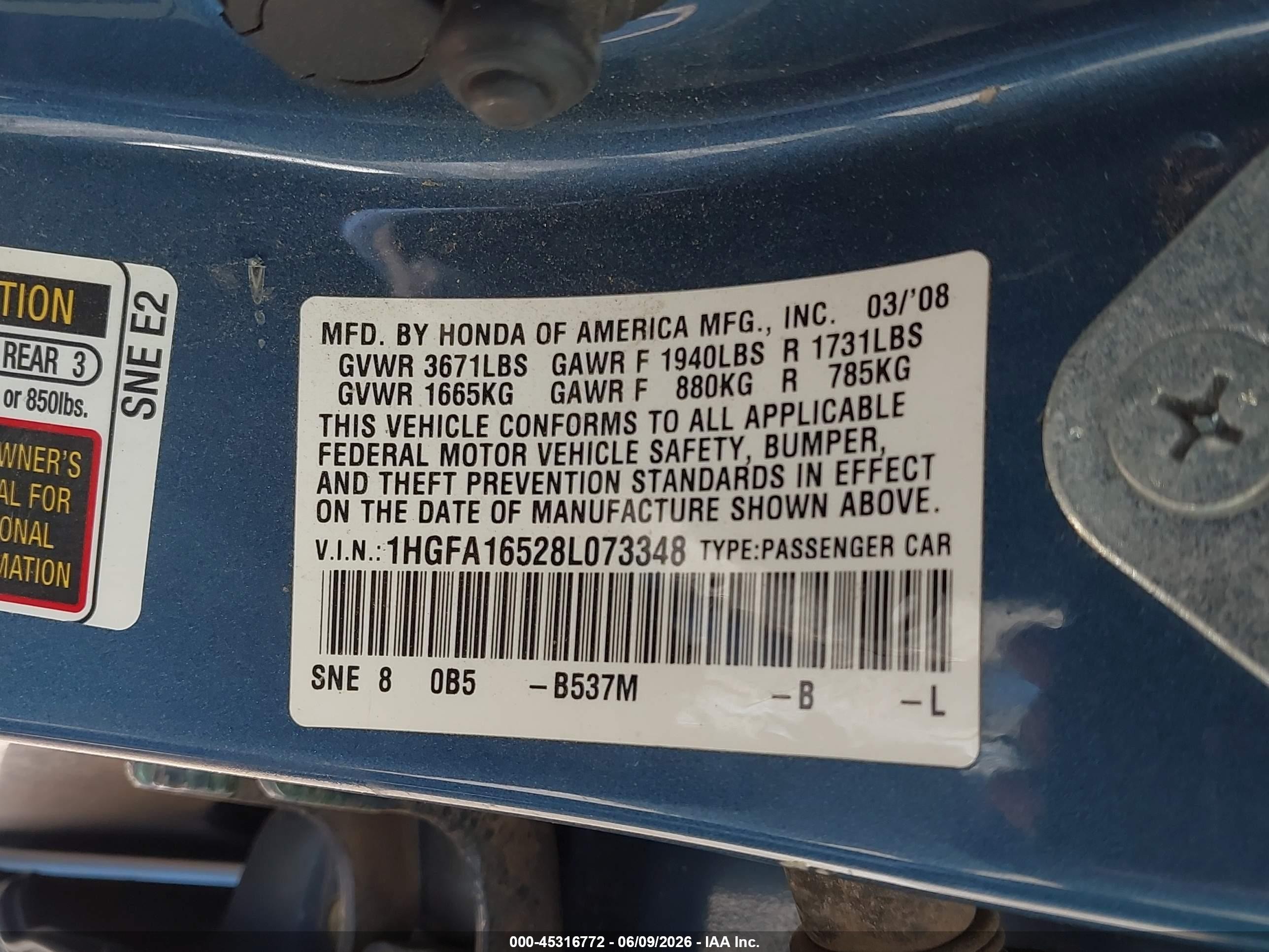 2008 Honda Civic Lx Blue vin: 1HGFA16528L073348