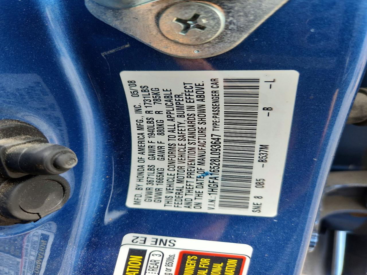 2008 Honda Civic Lx Blue vin: 1HGFA16528L093647