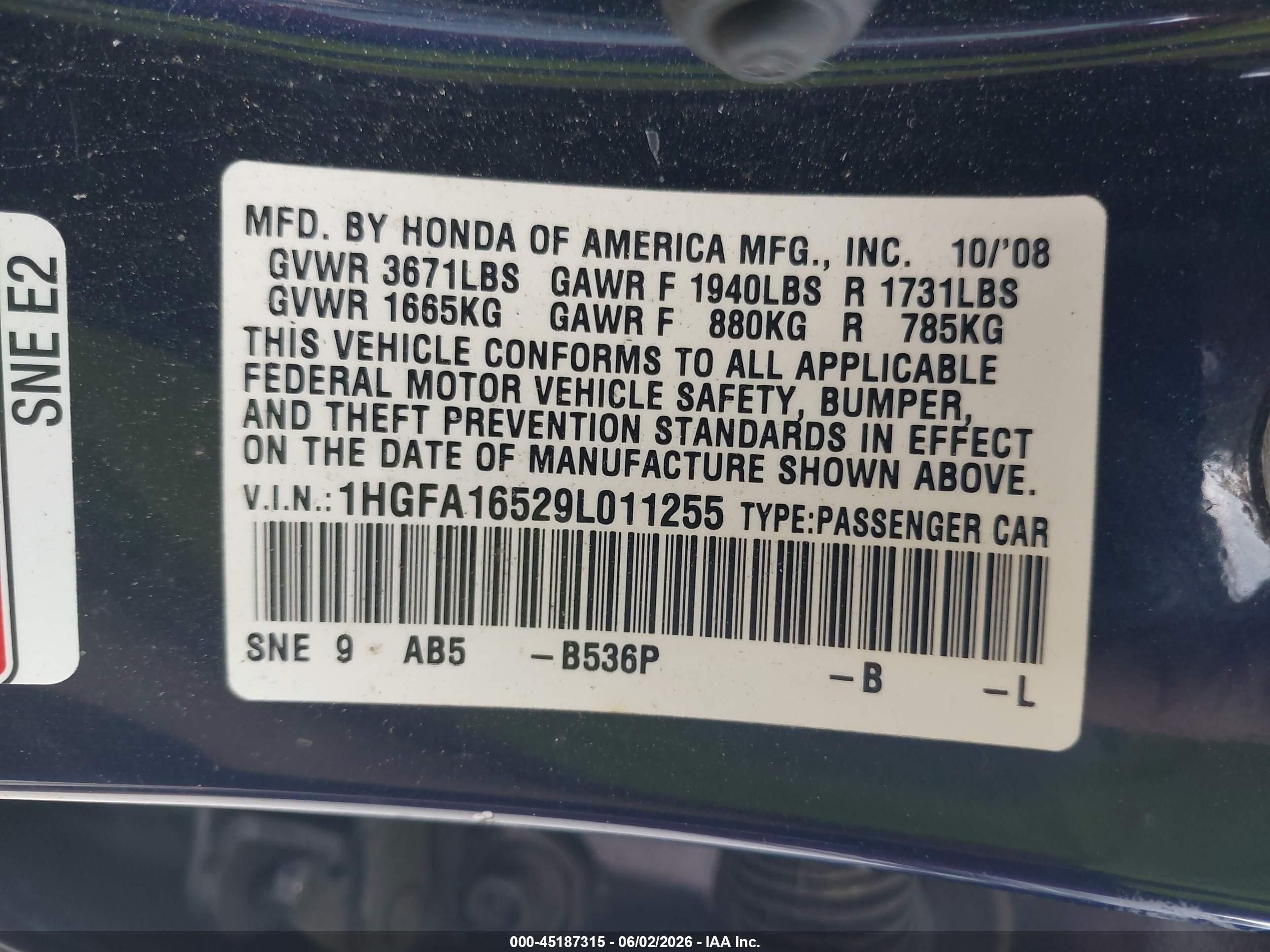 2009 Honda Civic Lx Blue vin: 1HGFA16529L011255