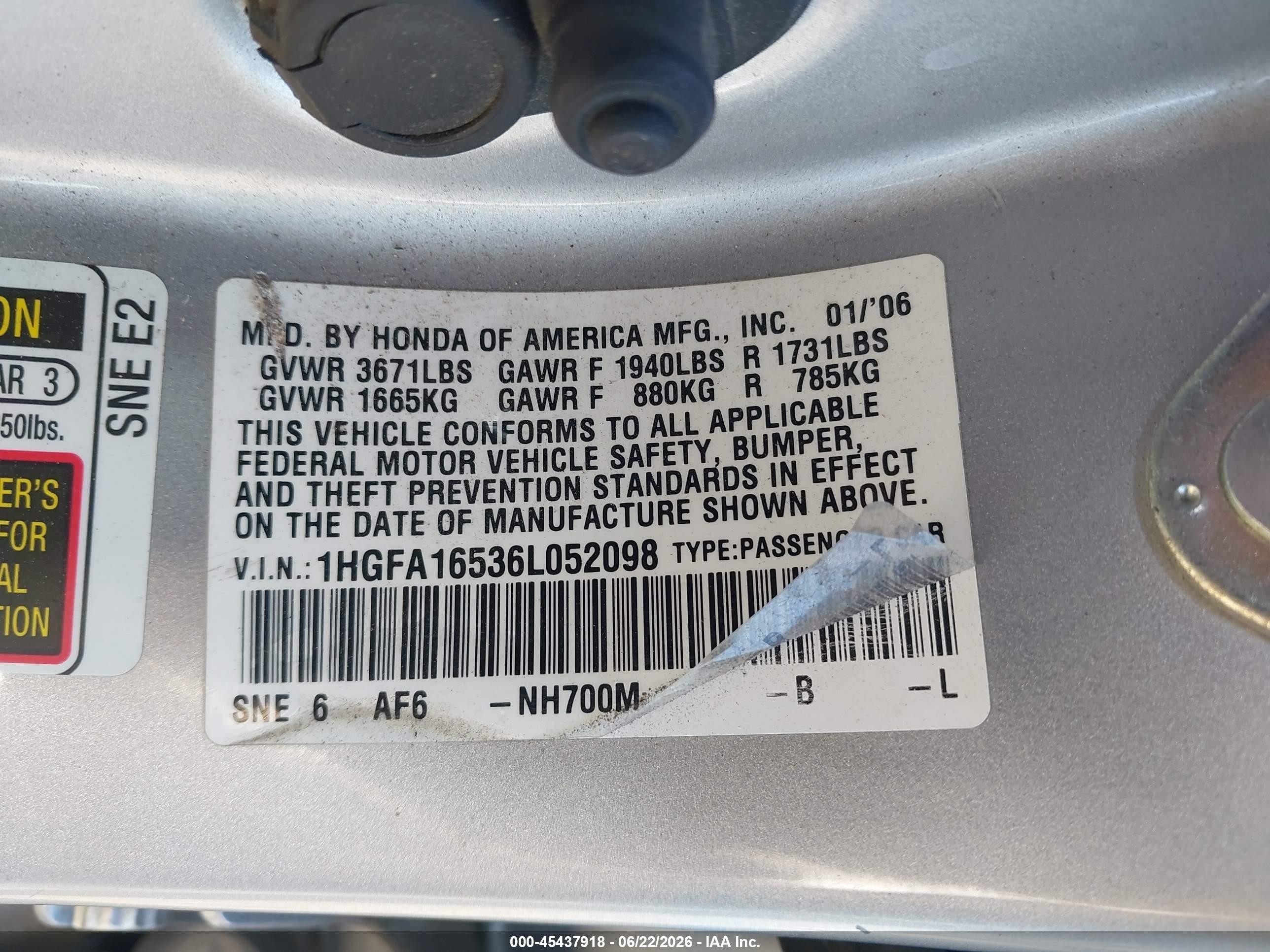 2006 Honda Civic Lx Silver vin: 1HGFA16536L052098