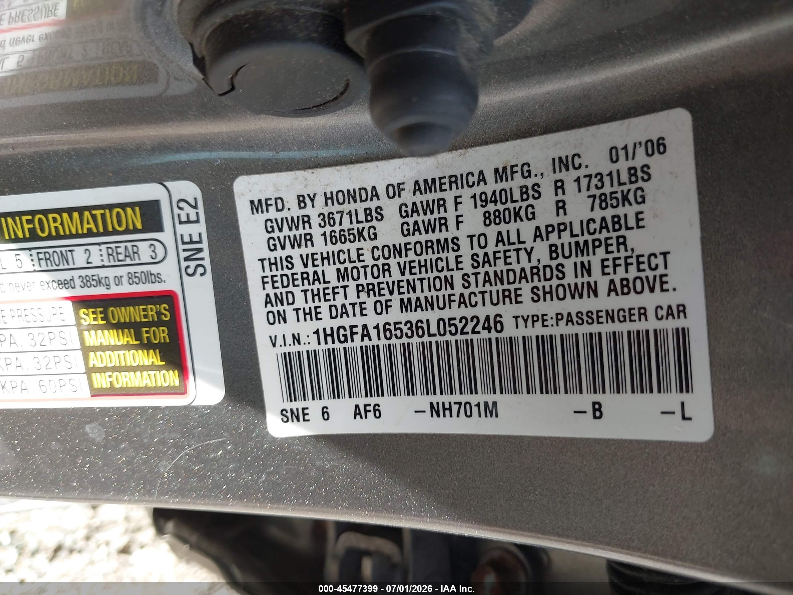 2006 Honda Civic Lx Gray vin: 1HGFA16536L052246