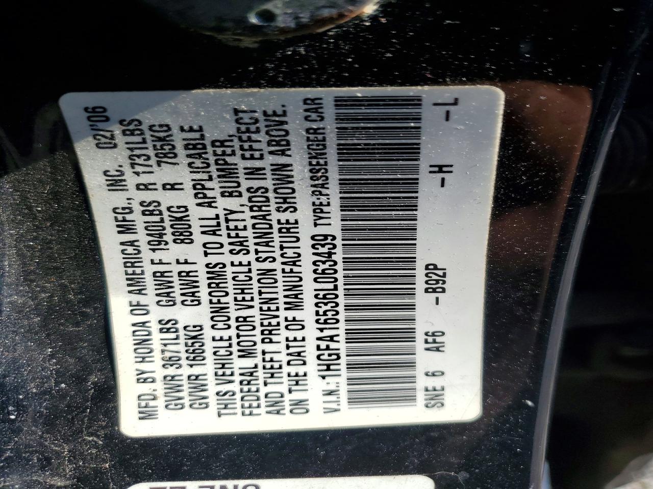 2006 Honda Civic Lx Black vin: 1HGFA16536L063439