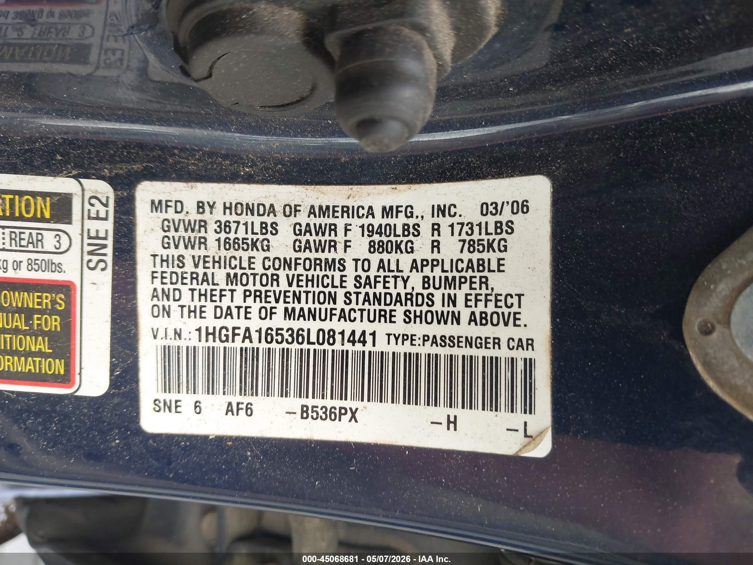 2006 Honda Civic Lx Blue vin: 1HGFA16536L081441