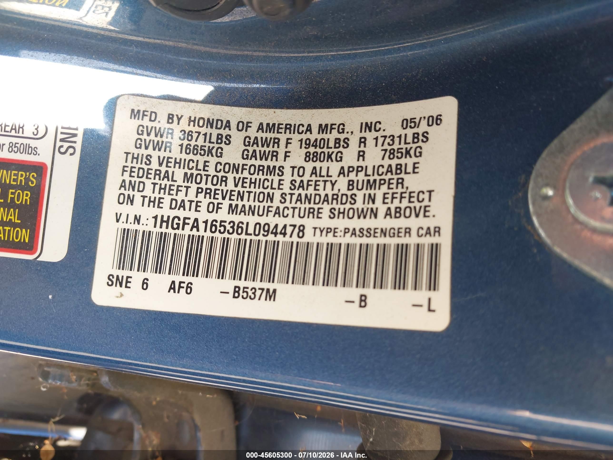2006 Honda Civic Lx Blue vin: 1HGFA16536L094478