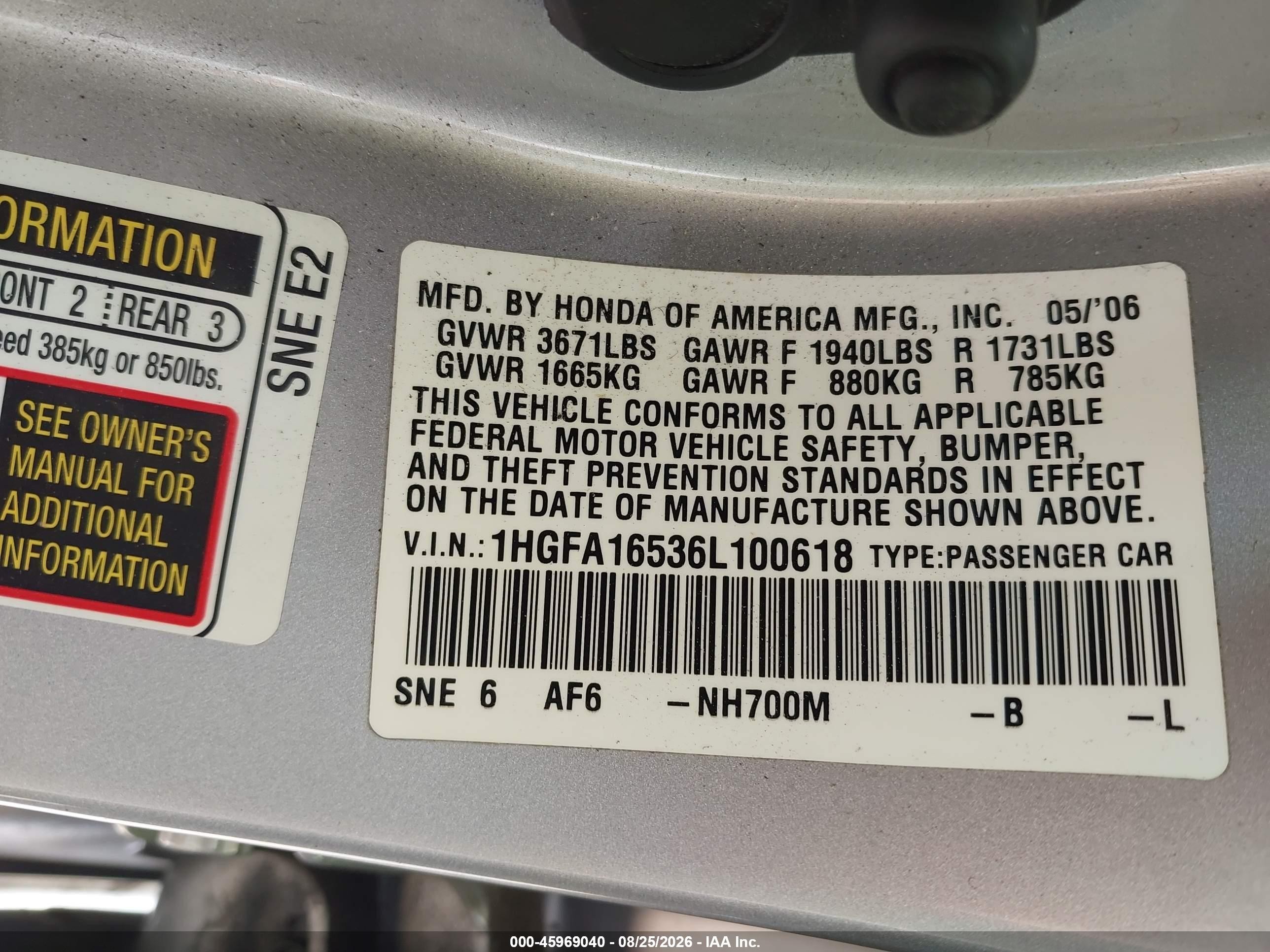 2006 Honda Civic Lx Silver vin: 1HGFA16536L100618