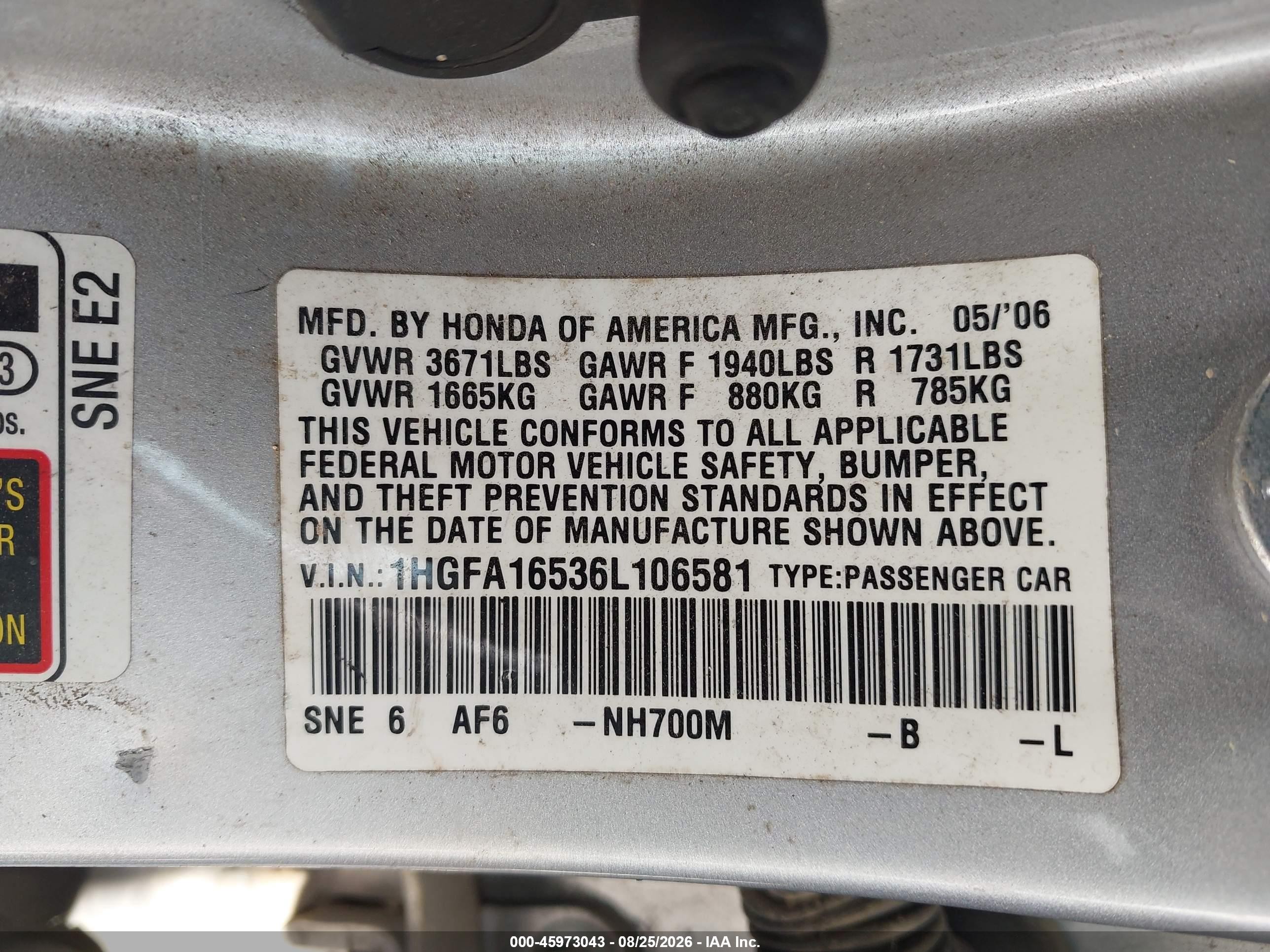 2006 Honda Civic Lx Silver vin: 1HGFA16536L106581