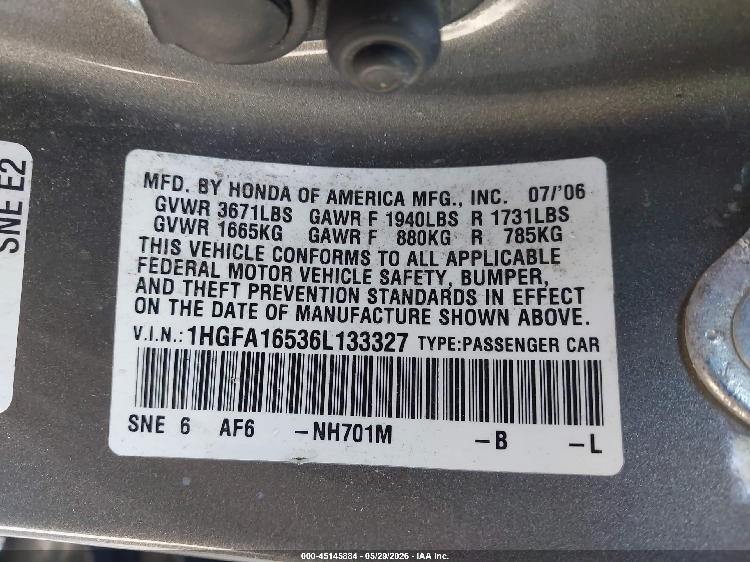 2006 Honda Civic Lx Gray vin: 1HGFA16536L133327